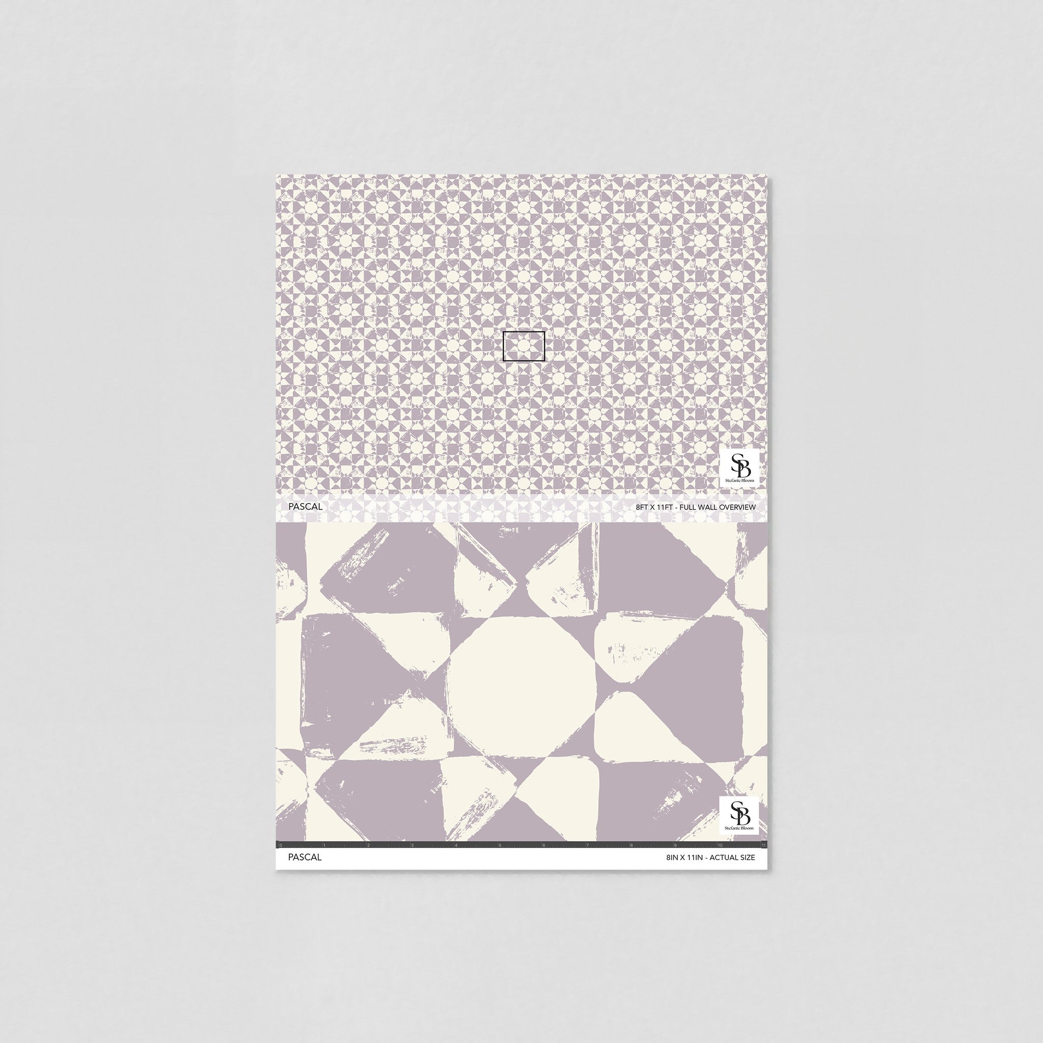 "Pascal Wallpaper sample by Wall Blush, showcasing geometric pattern in a simulated room setting."