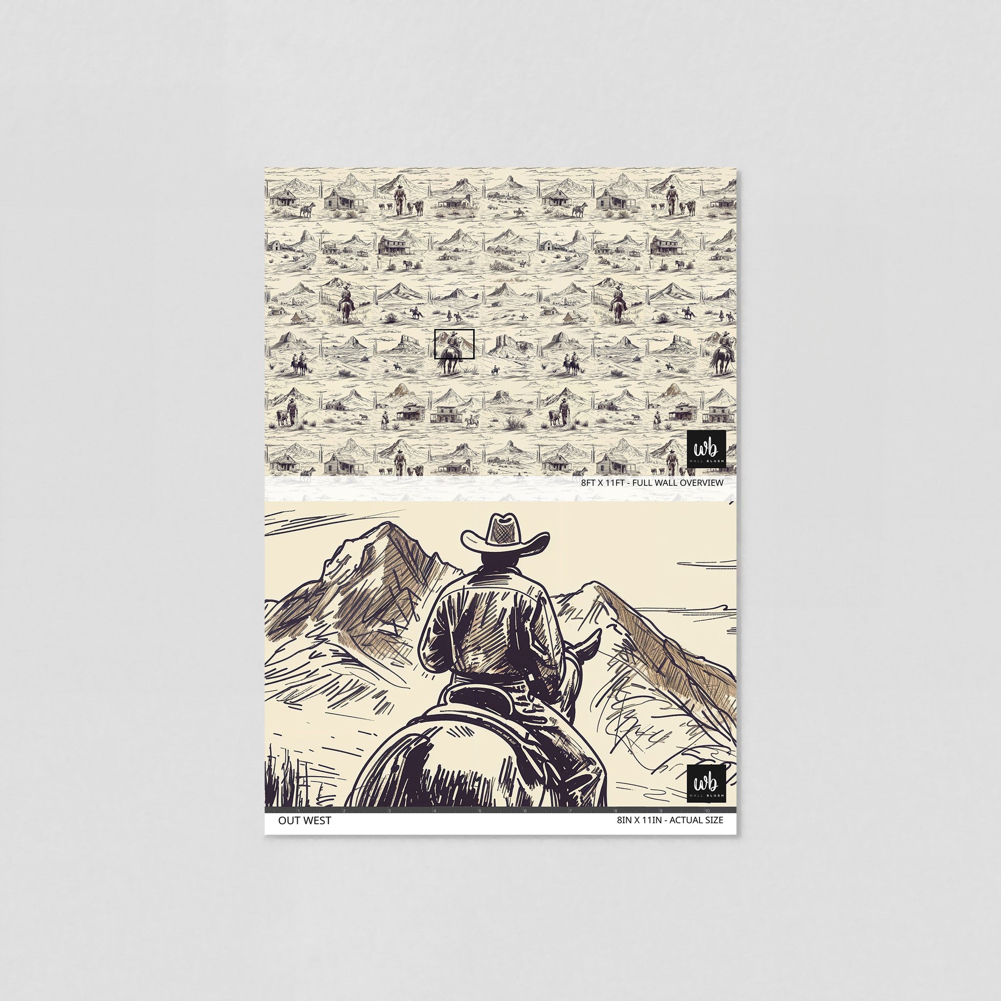 "Out West Wallpaper by Wall Blush in a stylish living room, showcasing detailed western scenery design focus."