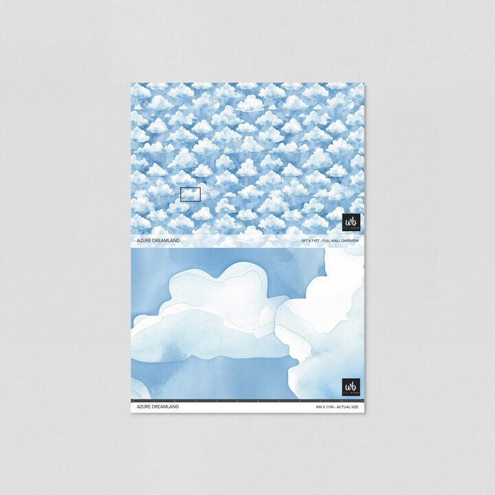 Alt: "Wall Blush's Azure Dreamland Wallpaper sample with cloud design for a serene bedroom ambiance, showcasing the pattern detail."