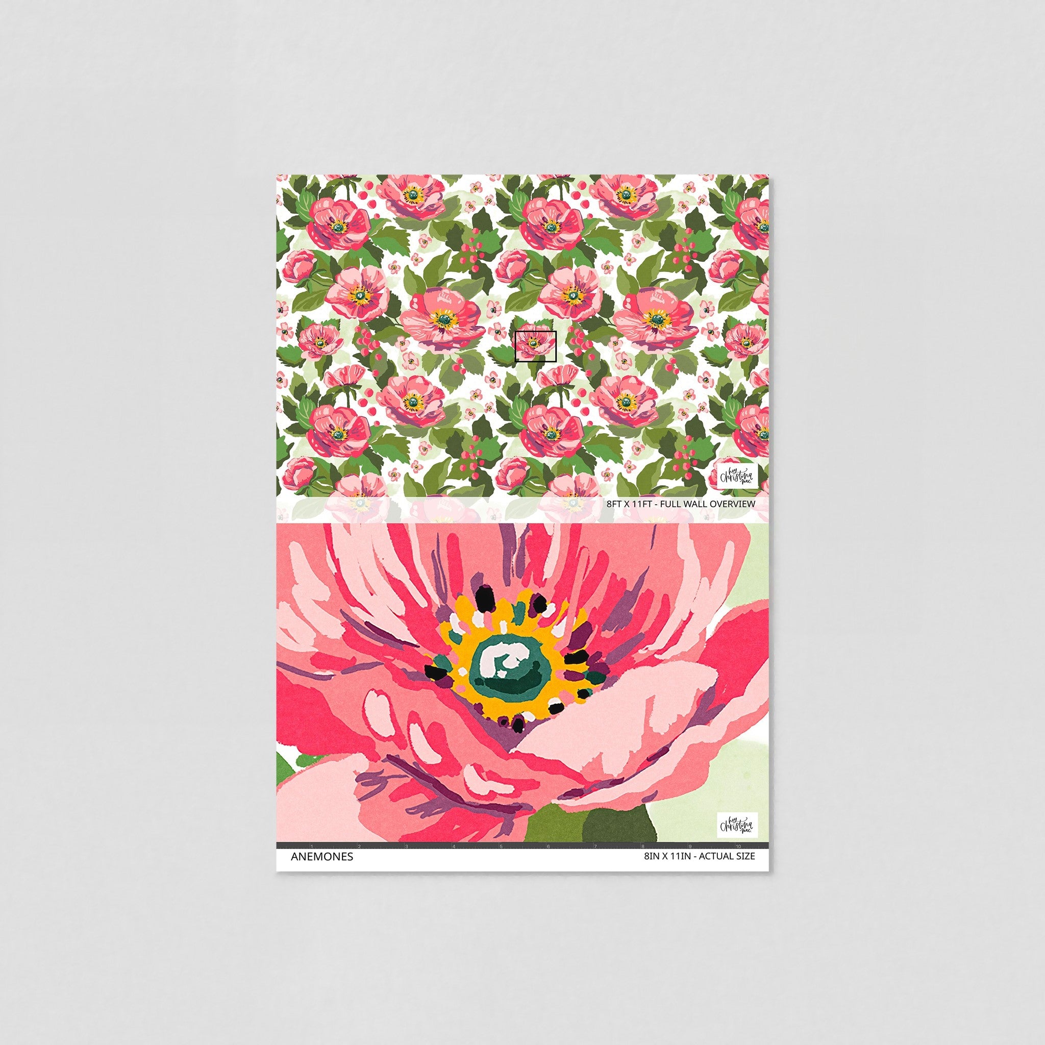 "Wall Blush Anemones Wallpaper sample displaying floral pattern for stylish home decor in a living space setting."