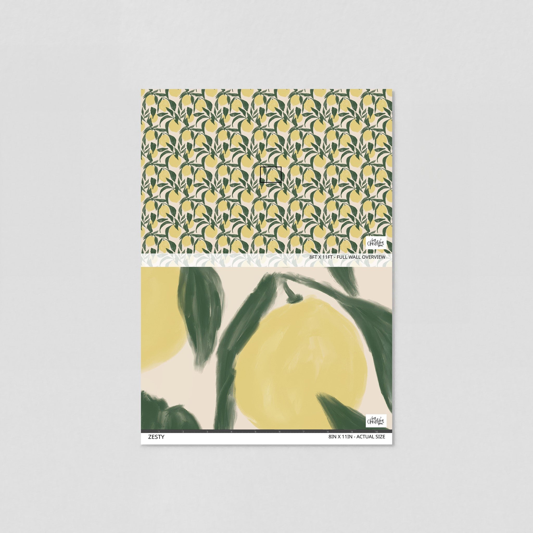 "Zesty Wallpaper sample by Wall Blush, lemon pattern design for brightening up a kitchen's decor."