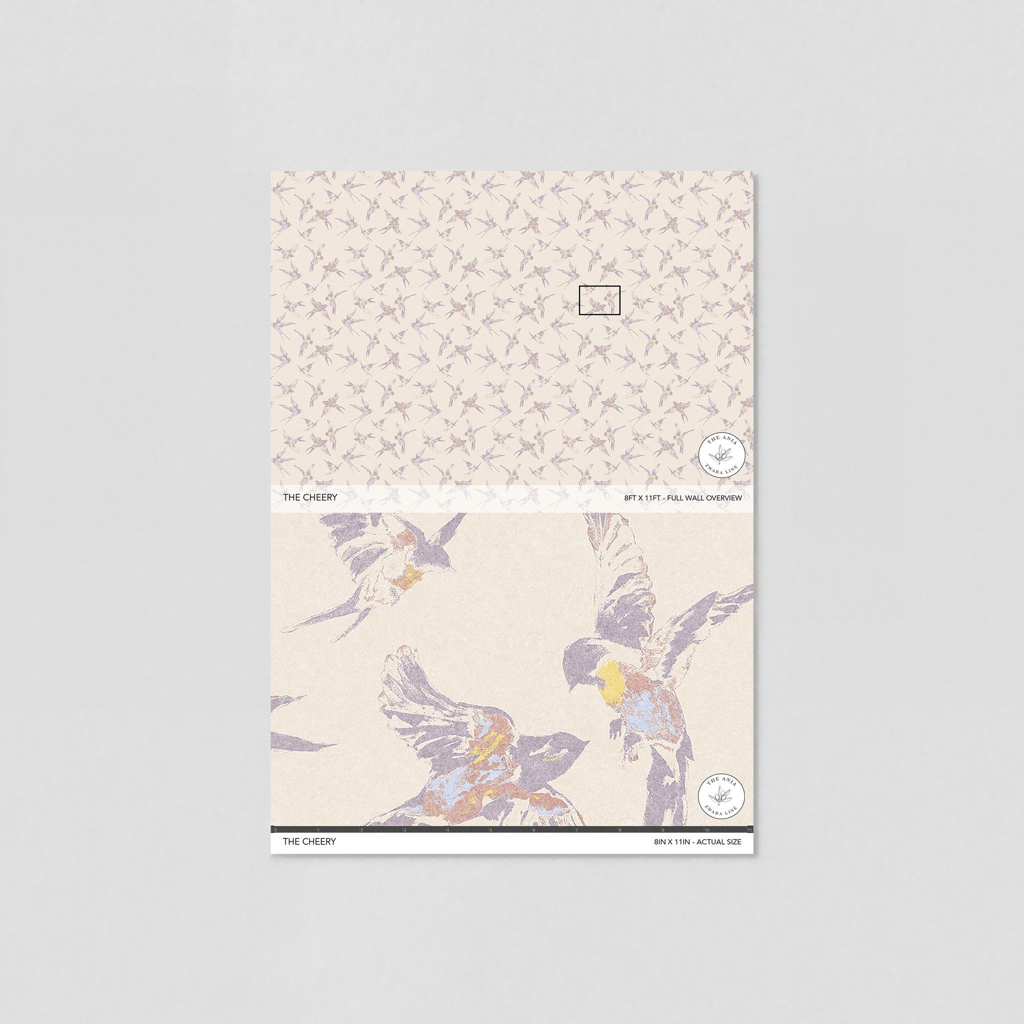"Wall Blush's 'The Cheery Wallpaper' design sample for a cozy living room setting, highlighted as the focal point."