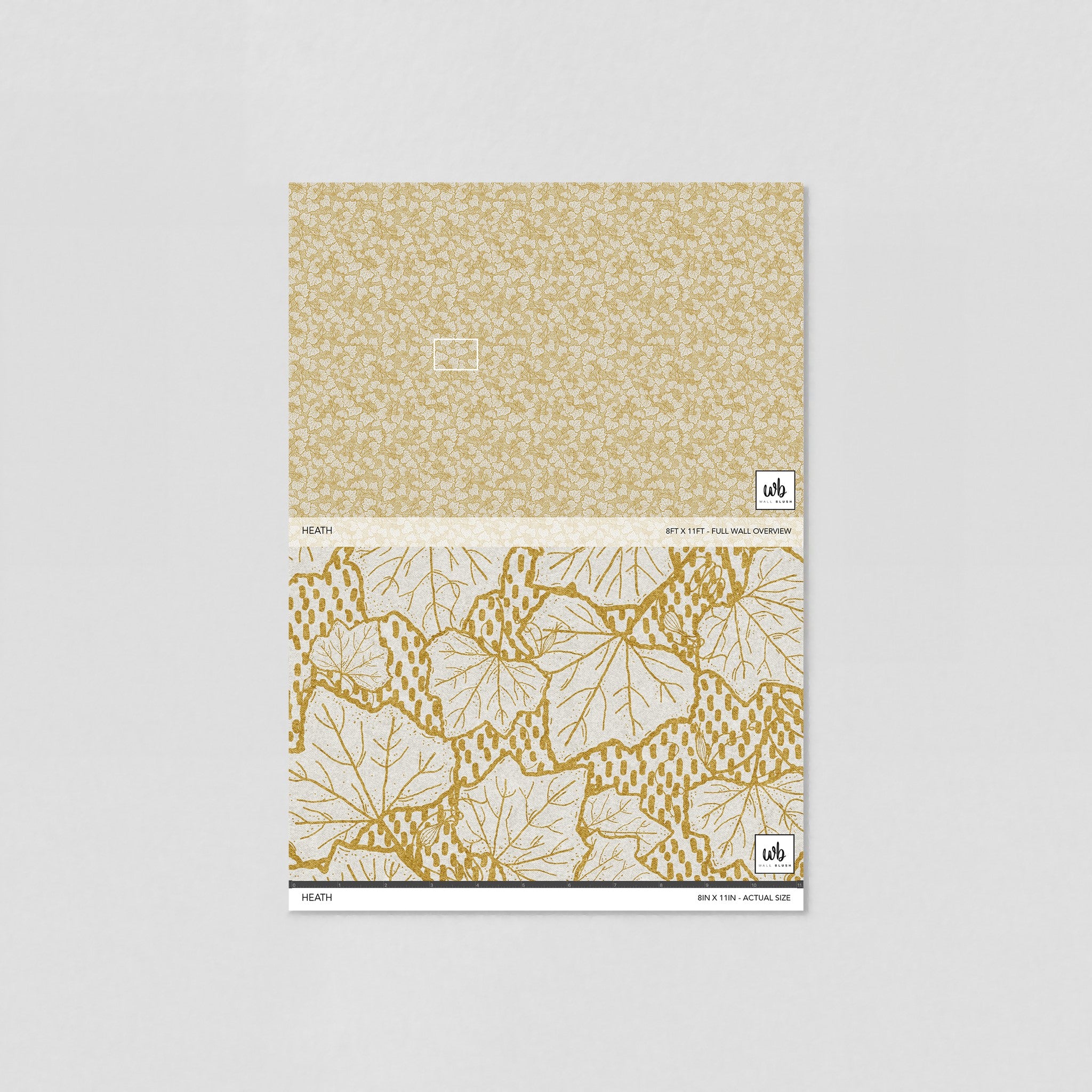 "Heath Wallpaper sample by Wall Blush with elegant golden botanical pattern for stylish room decor."