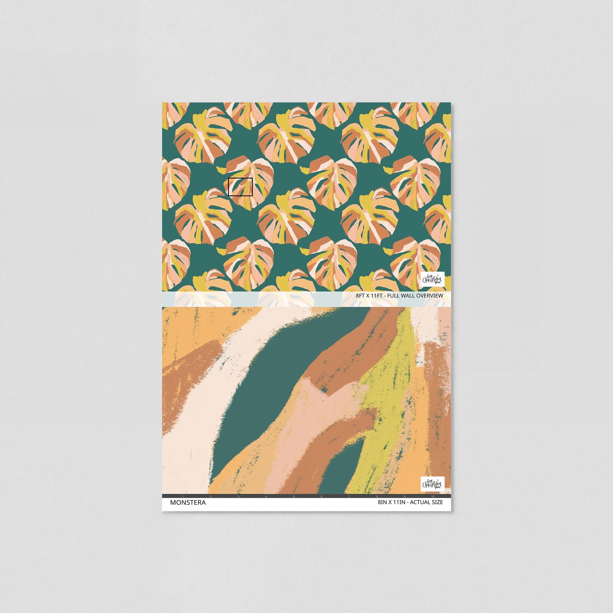 "Wall Blush Monstera Wallpaper sample display for contemporary room decor, tropical leaf print focus."