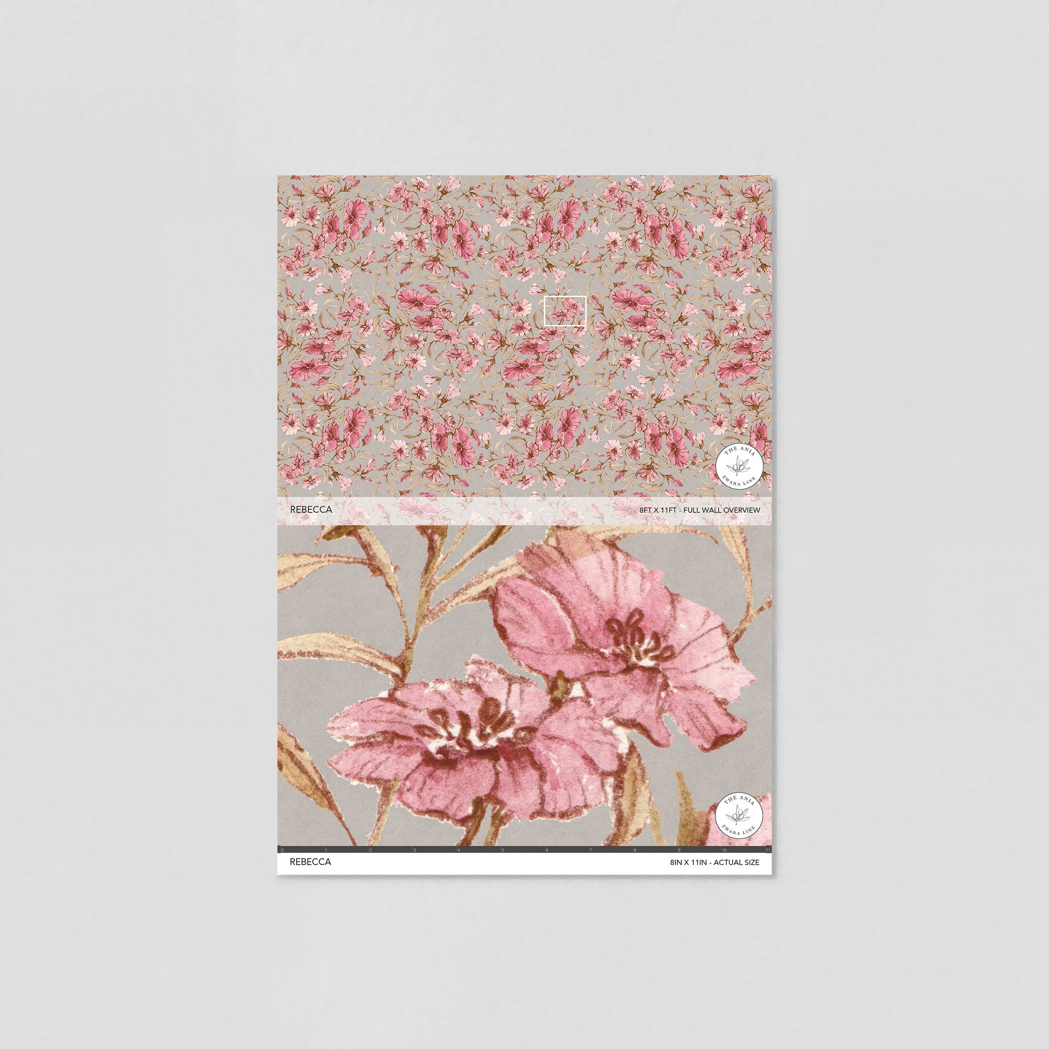 "Wall Blush's Rebecca Wallpaper design sample featuring pink floral patterns for bedroom decor emphasis."