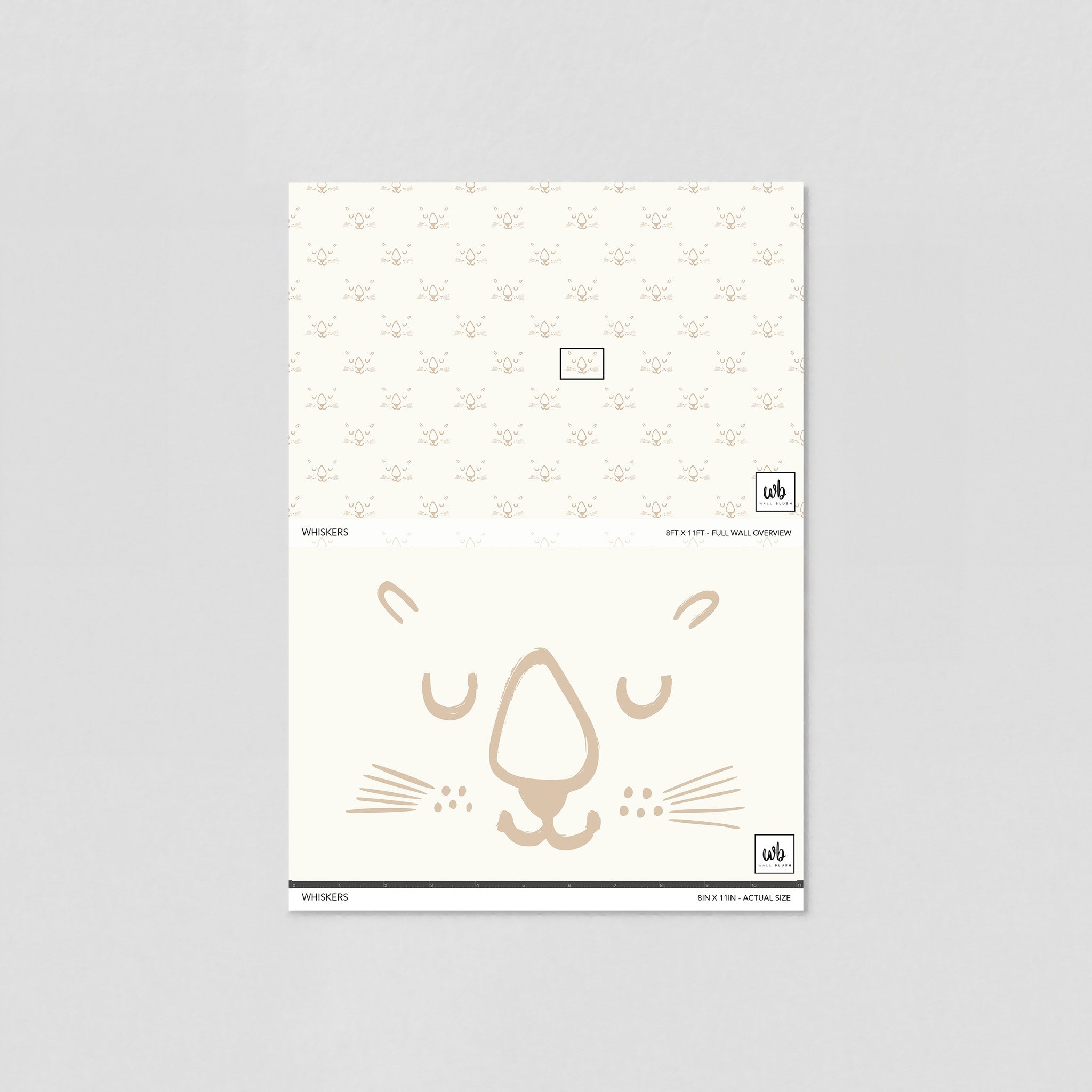 "Wall Blush Whiskers Wallpaper sample showcasing design layout for a playful nursery or child's room, close-up view."