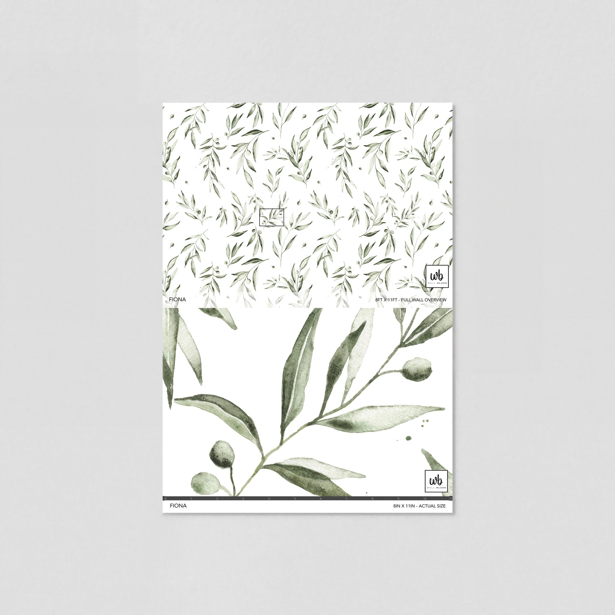 "Fiona Wallpaper sample by Wall Blush with green foliage design for elegant living room decor."