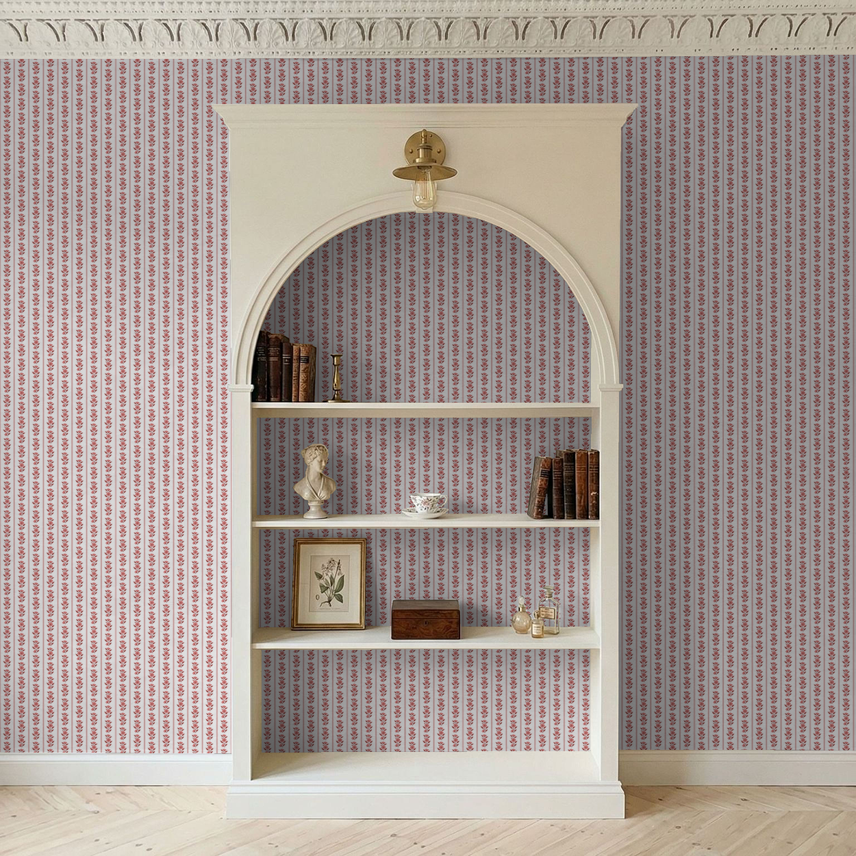 Scandinavian floral striped wallpaper in cozy room with bookshelf