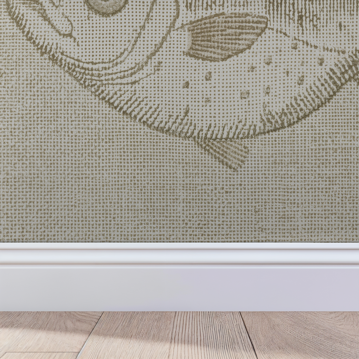 Sepia fish illustration on linen-like wallpaper with wood floor