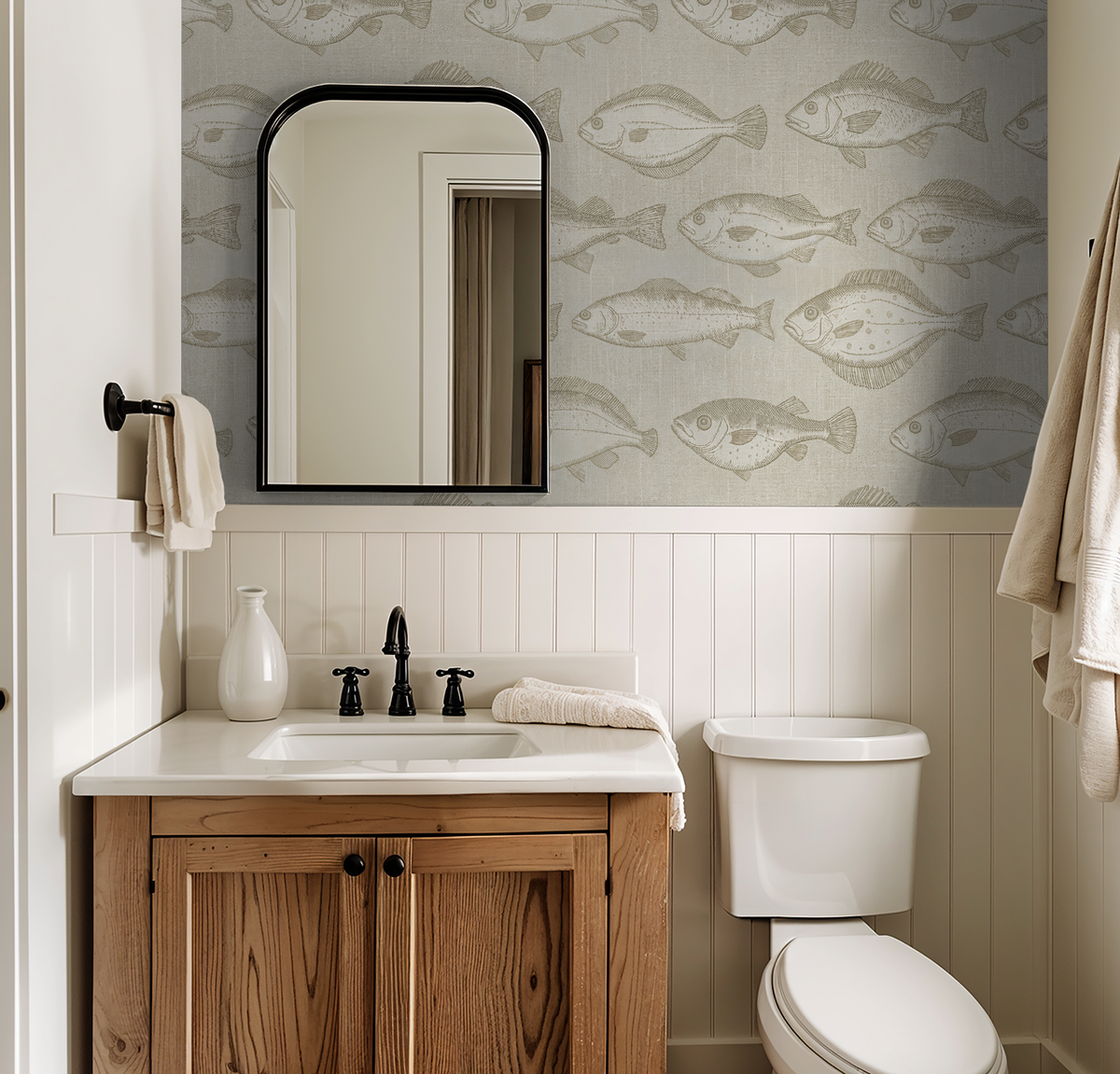 Bathroom with sepia fish pattern wallpaper and wooden vanity