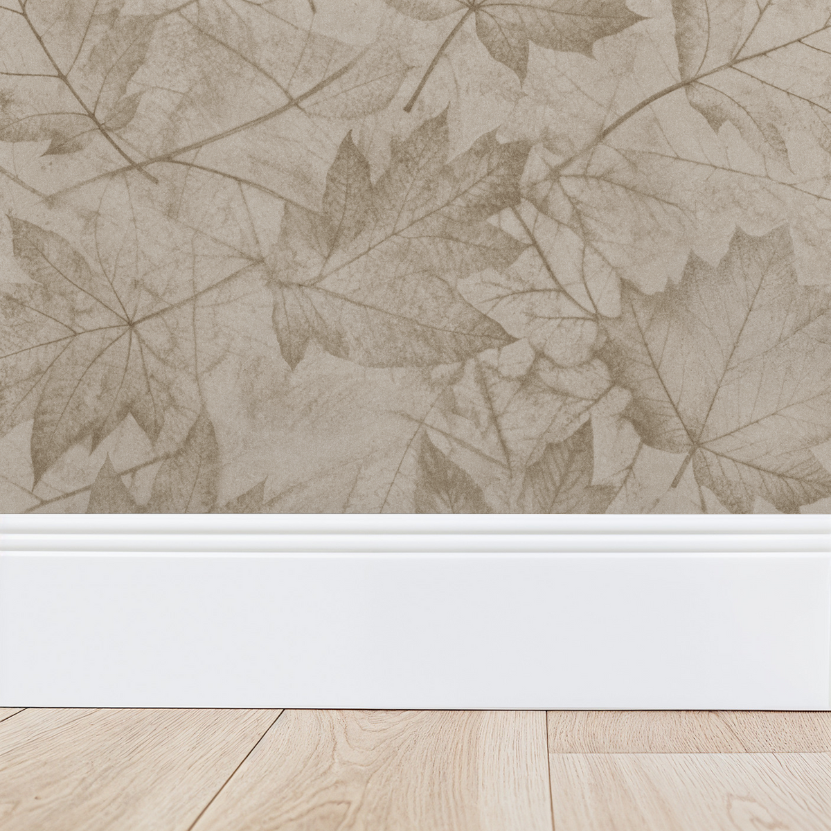 Sepia-toned leaf pattern wallpaper with white baseboard and wood floor