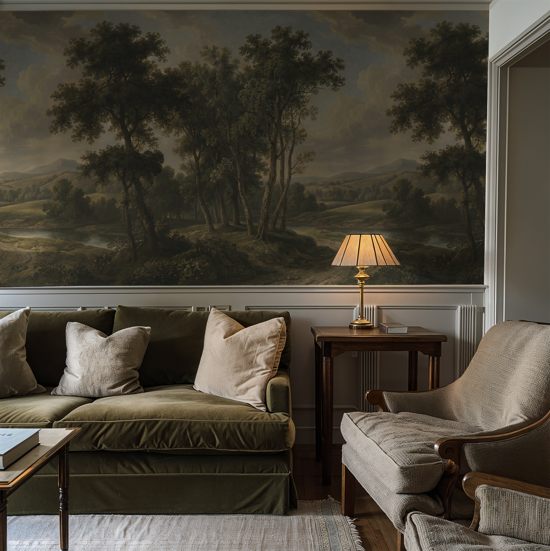 Serene landscape wallpaper with trees and mountains in a cozy living room setting.