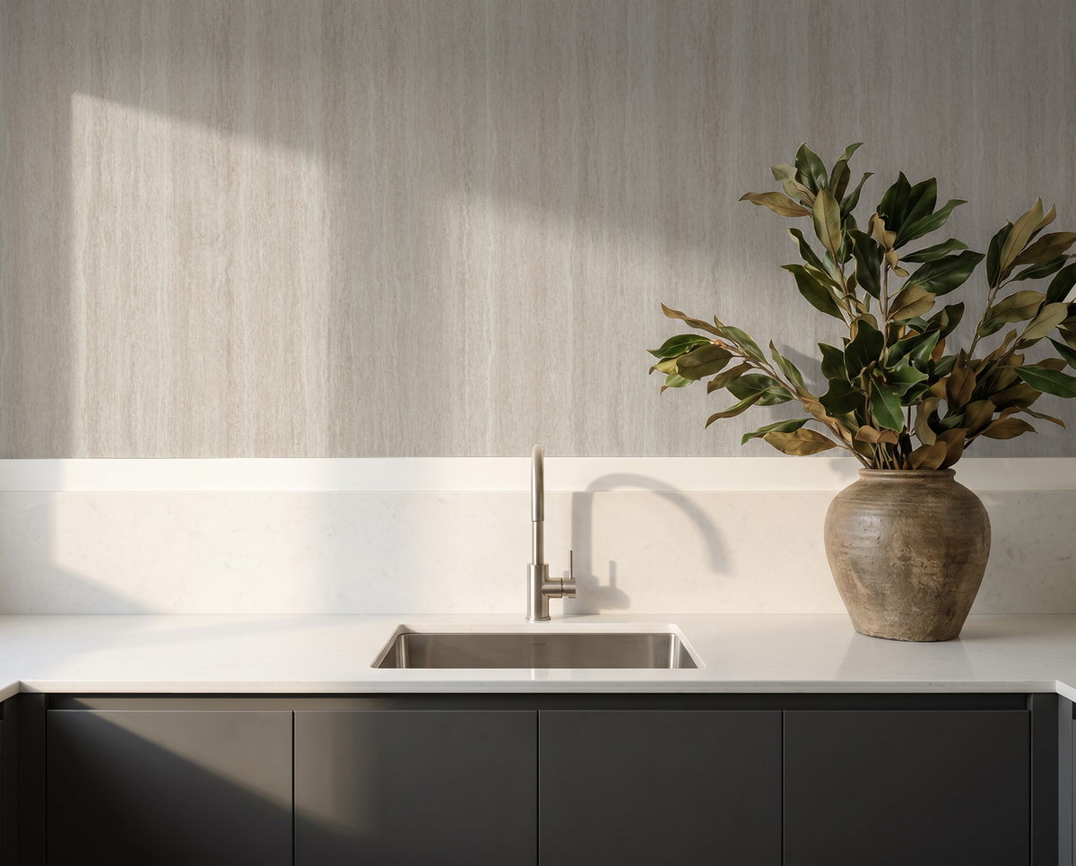 Serene Streaks beige and cream wallpaper in modern kitchen with plant vase