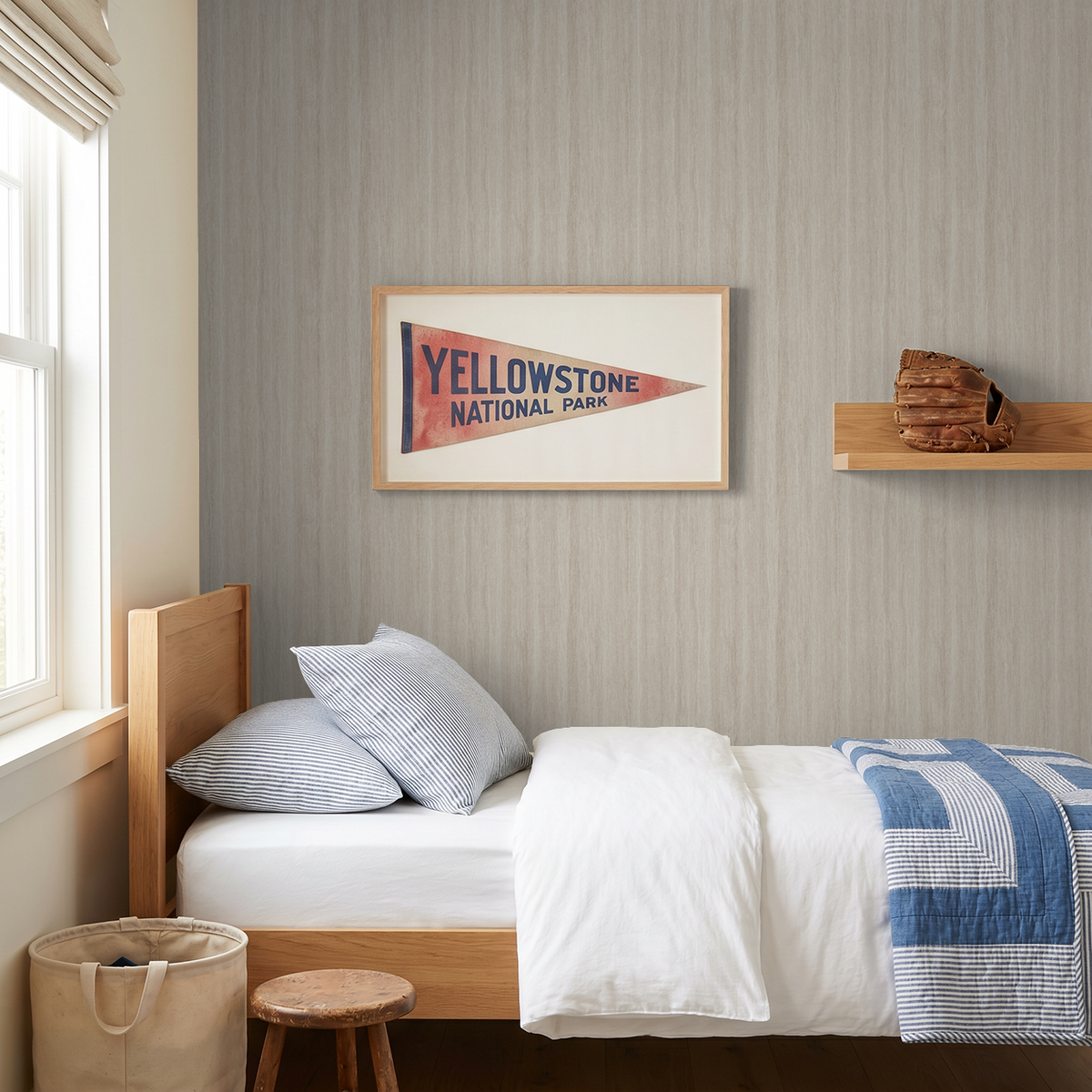 Serene Streaks beige wallpaper in a cozy bedroom with wooden bed and blue accents.
