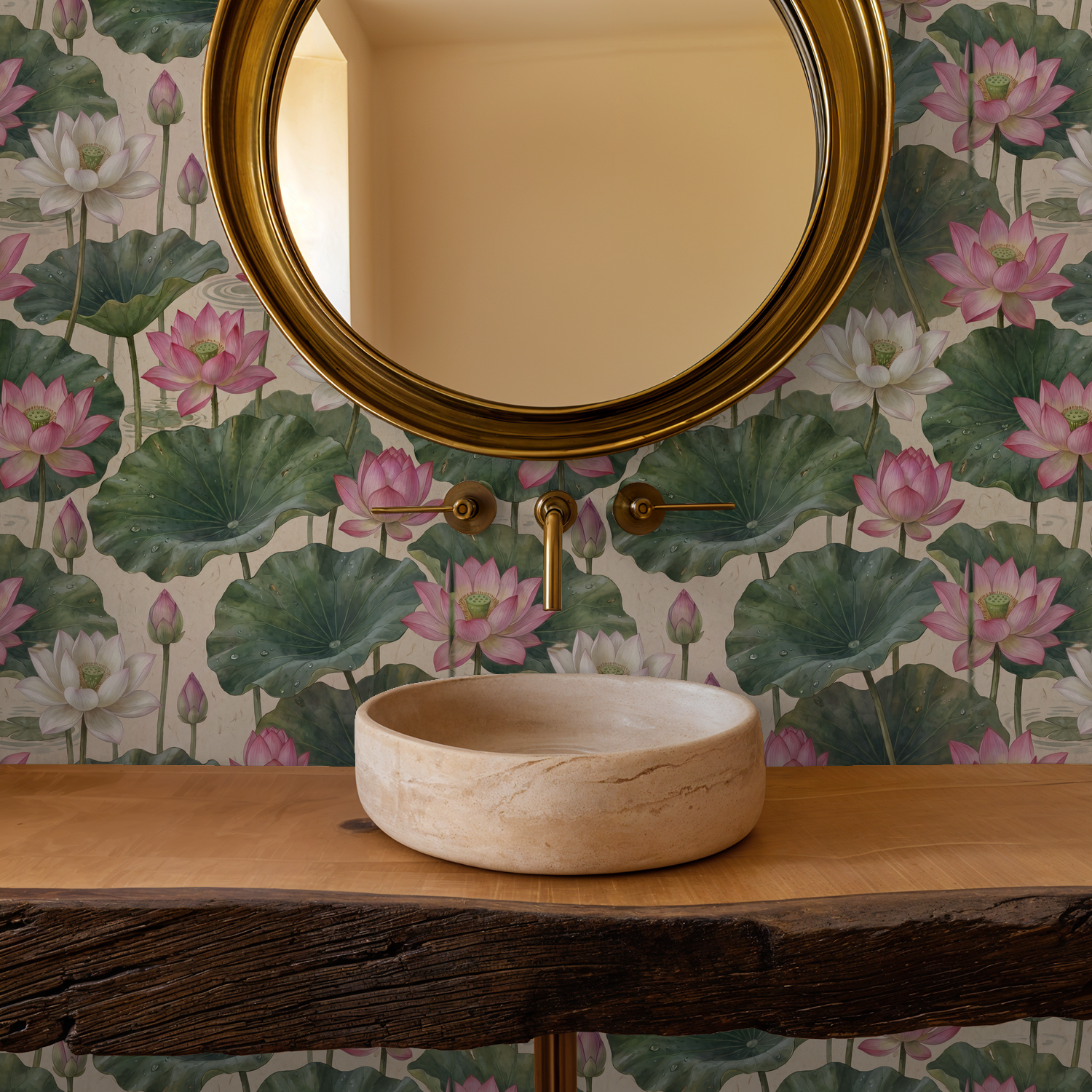 Floral wallpaper with lotus flowers in blush and white, wooden sink, round mirror.