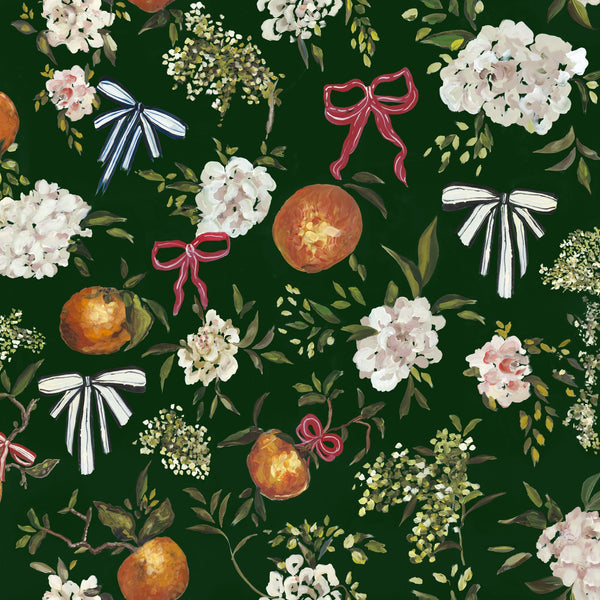 Alexandra (Green) - Hand-painted Orange and Bows Wallpaper