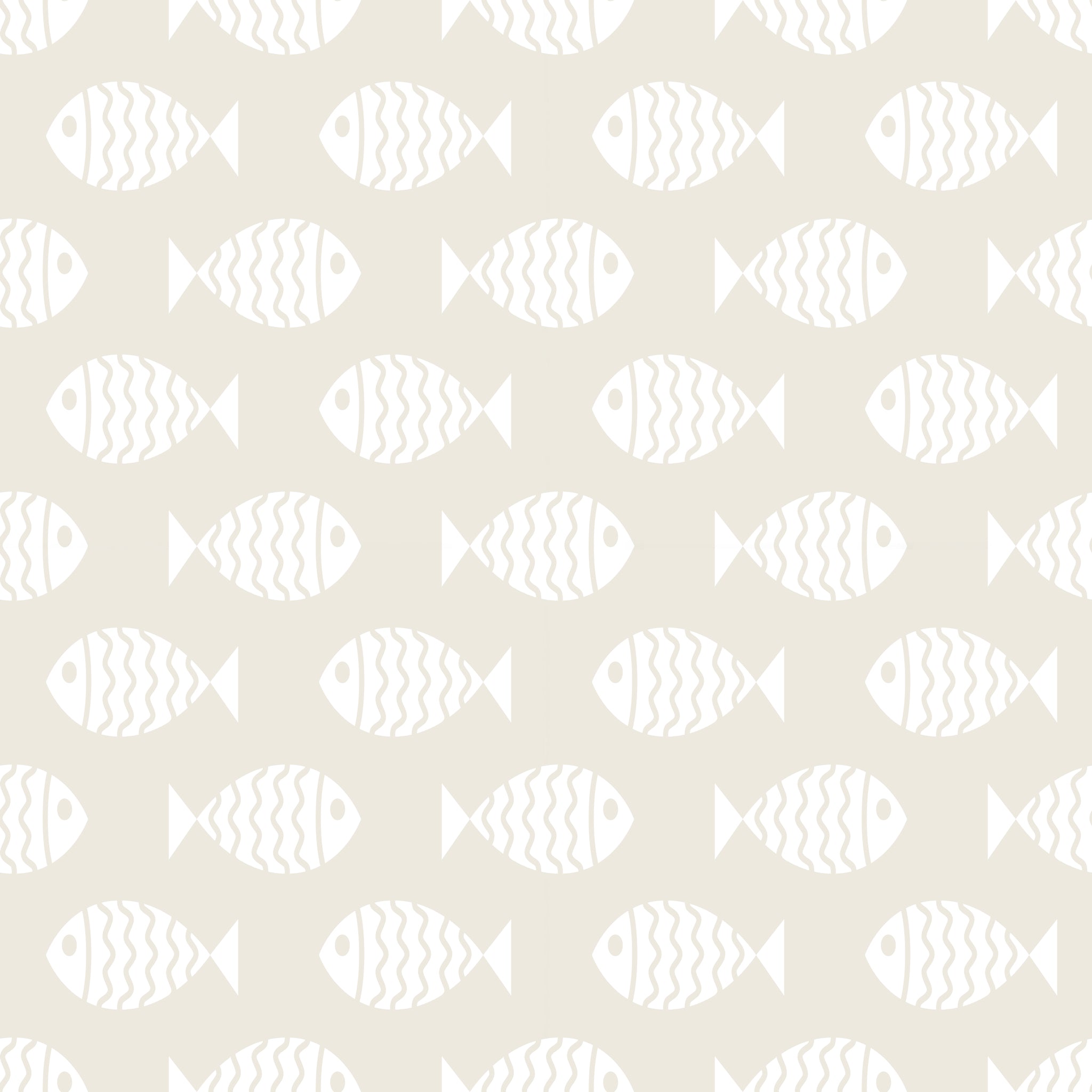 "Keep Swimming Wallpaper by Wall Blush in a stylish bathroom, featuring a pattern of white fish on a beige background."