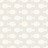 "Keep Swimming Wallpaper by Wall Blush in a stylish bathroom, featuring a pattern of white fish on a beige background."