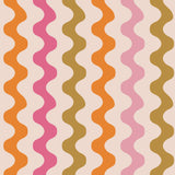 "Polly Wallpaper by Wall Blush showcasing colorful wavy patterns in a contemporary living room setting."