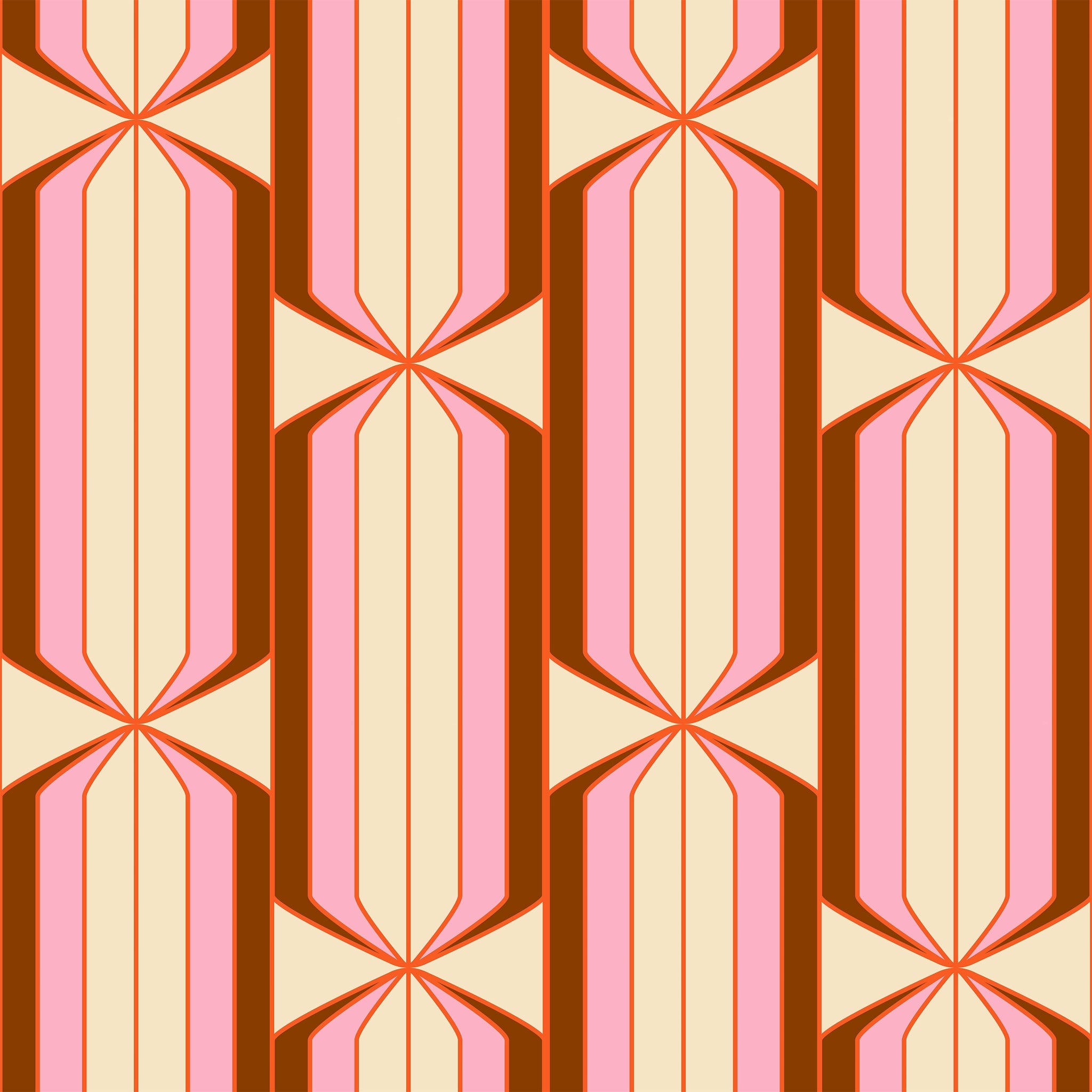 "Felicity Wallpaper by Wall Blush in a modern living room, geometric orange and pink patterned design."