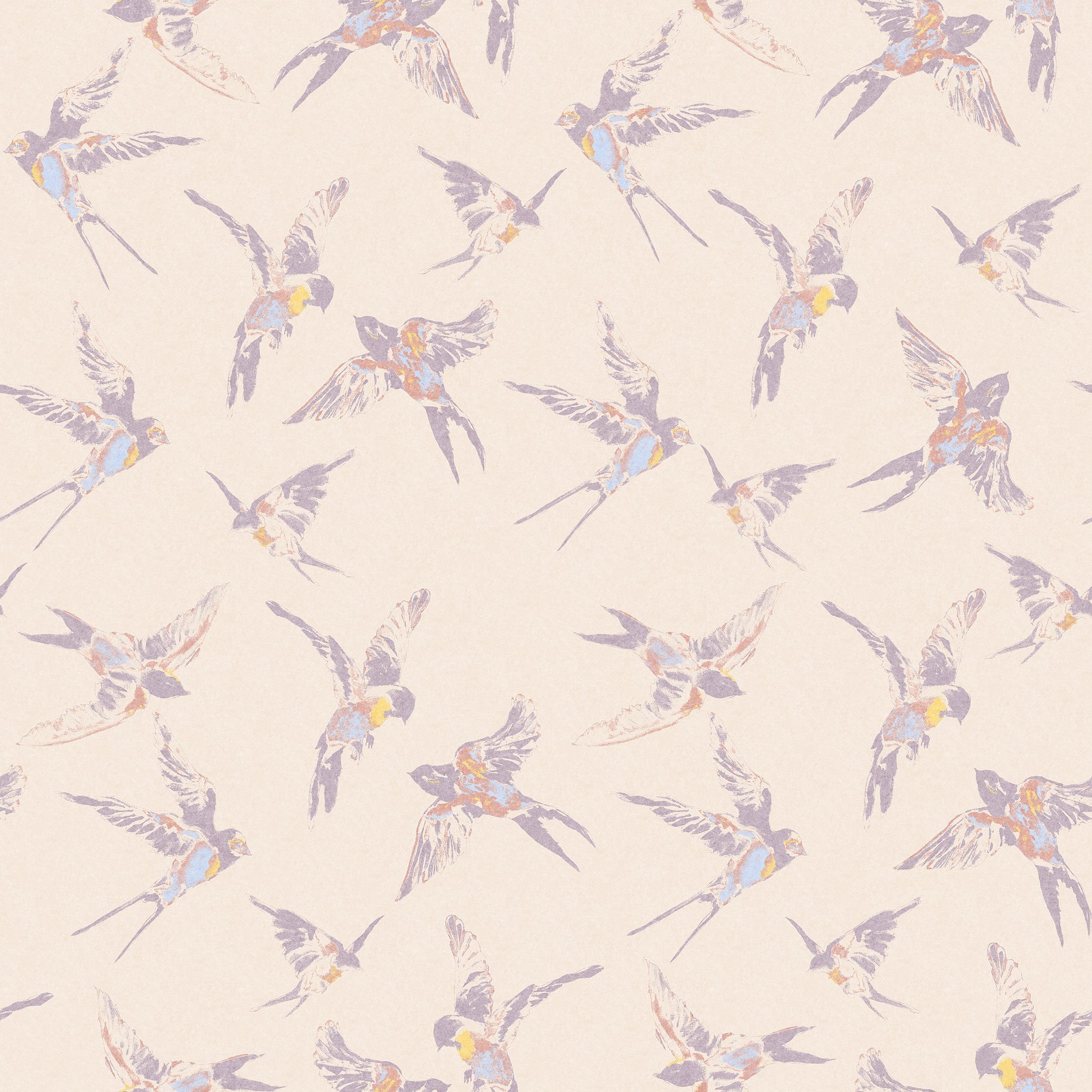 "Wall Blush's The Cheery Wallpaper featuring elegant birds in a bedroom setting, soft hues with a serene vibe."