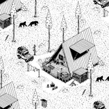 "Cabin Cove Wallpaper by Wall Blush featured in stylized cabin-themed room decor illustration."