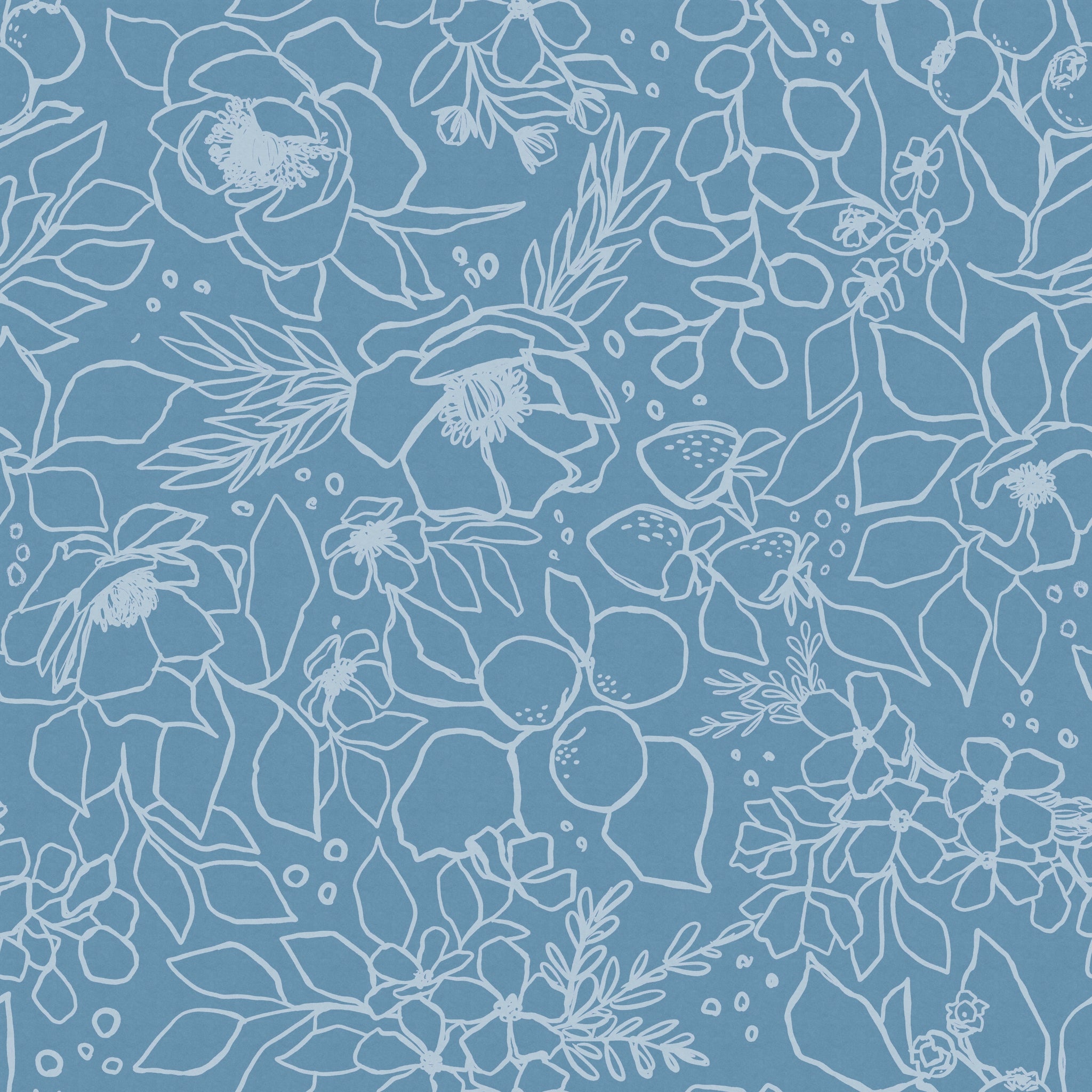 "Wall Blush's Paige (Blue) Wallpaper featuring floral design in a sample room setting, highlighting elegance and style."