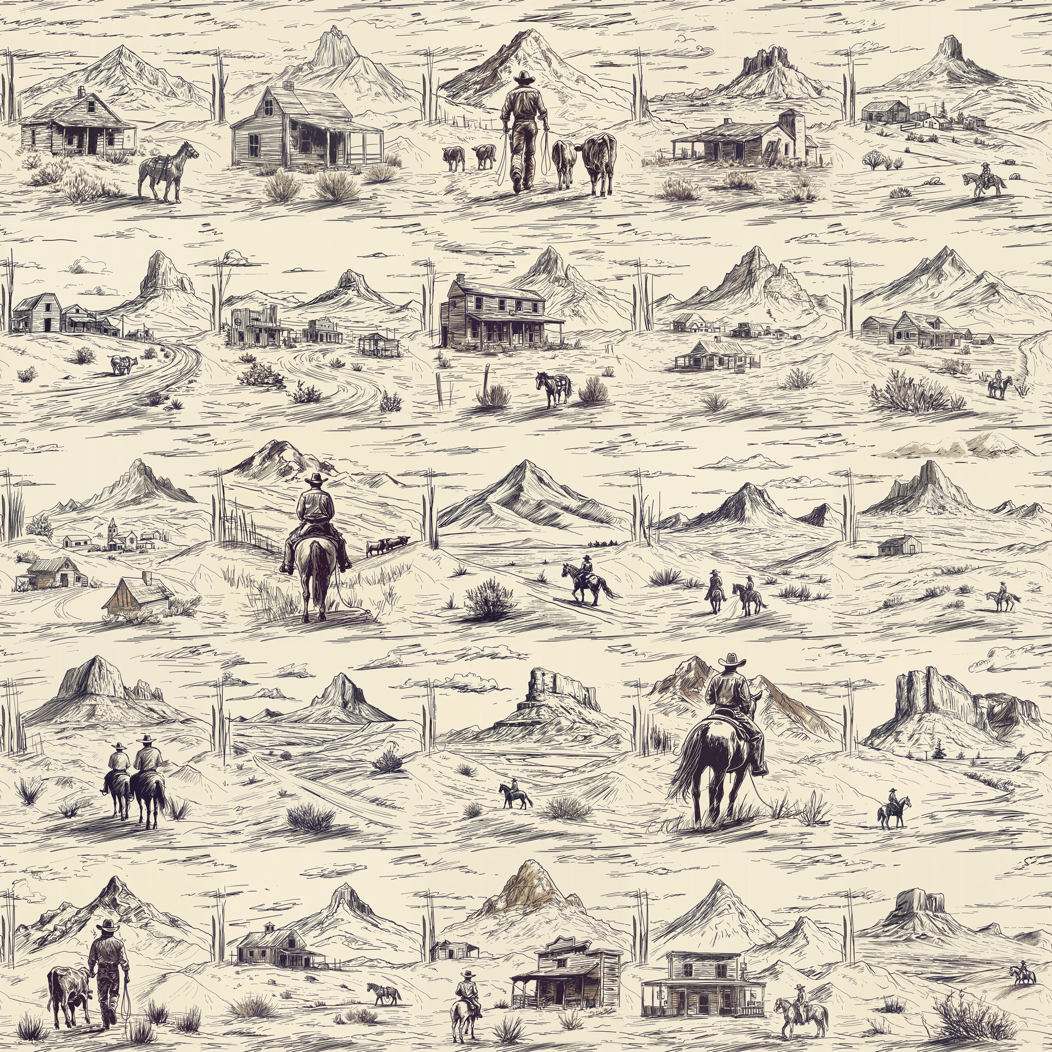 Alt: "Wall Blush's Out West Wallpaper featuring western landscape designs, perfect for accentuating living room walls."