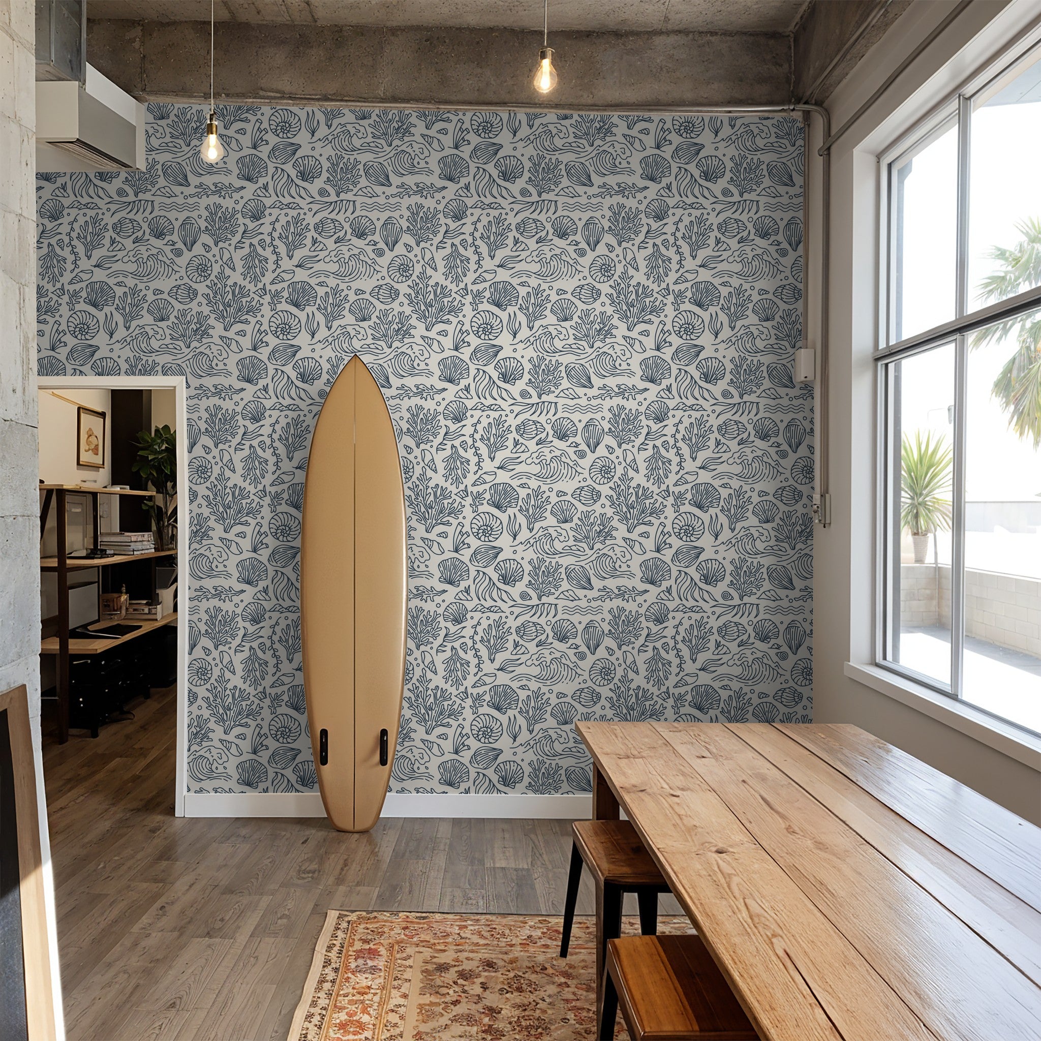 Coastal slate blue and cream shoreline wallpaper in modern dining room.