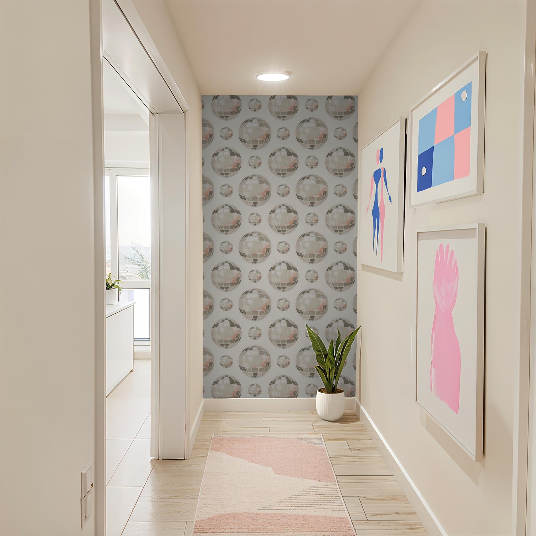 Showtime wallpaper with mirrored globe pattern in modern hallway