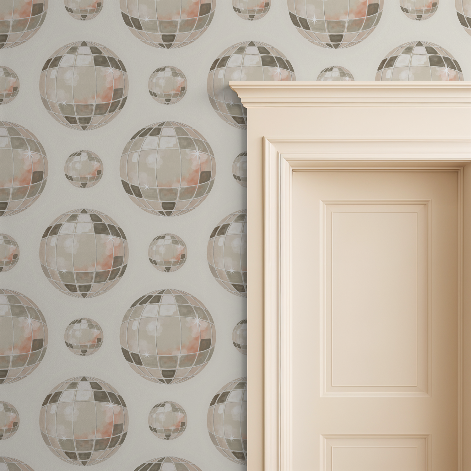 Showtime wallpaper with mirrored globe pattern in taupe and blush beside a beige door.
