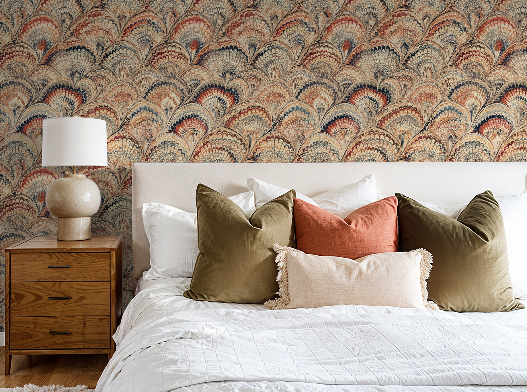Siena Plume wallpaper with intricate floral pattern in elegant bedroom setting.