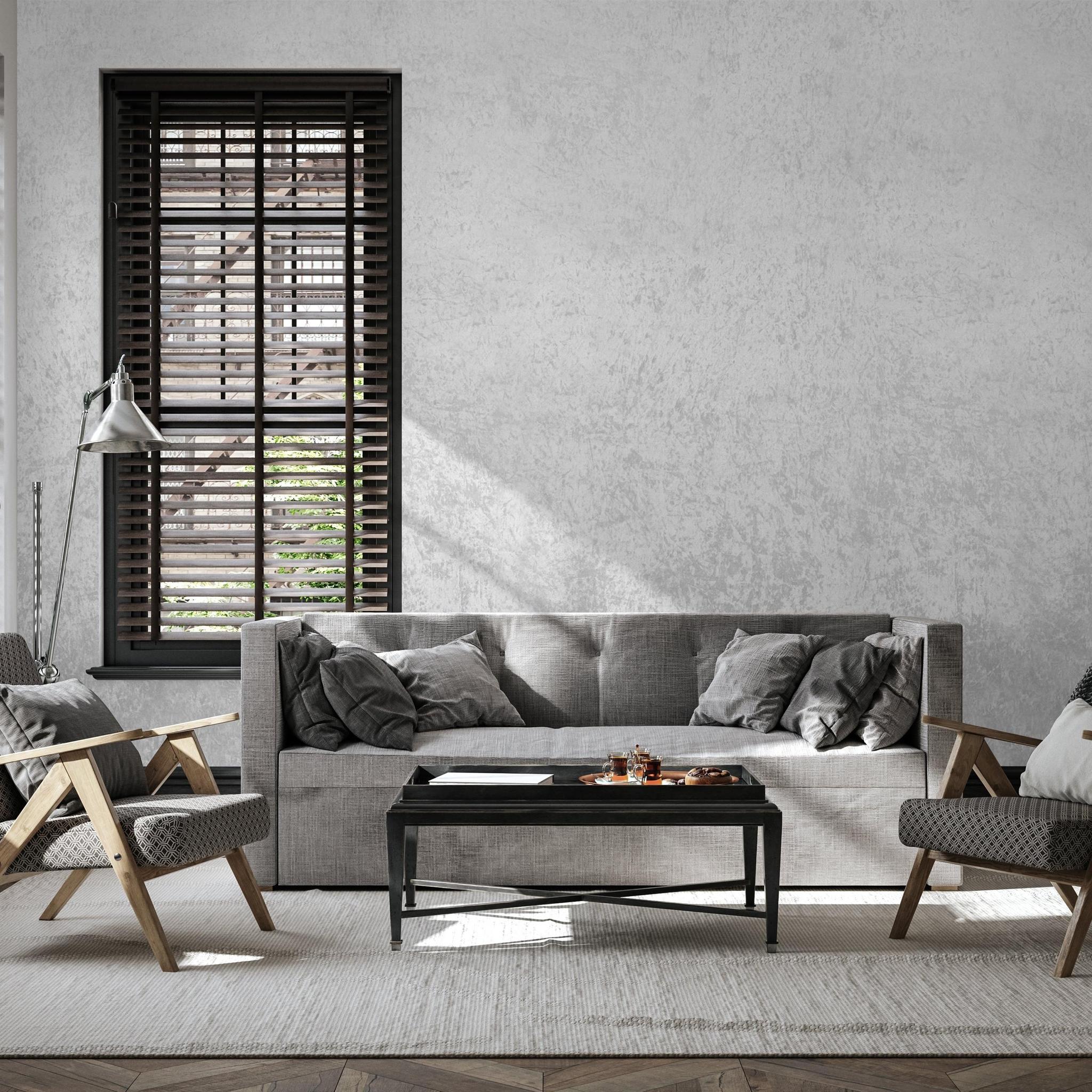 Stylish living room showcasing Silver Lining Wallpaper from The Kail Lowry Line, modern home decor focus.
