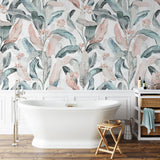 "Wall Blush 'At the Copa Wallpaper' in stylish bathroom with elegant freestanding tub and wood flooring."