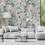 At the Copa Wallpaper by Wall Blush SG02 in a stylish living room with botanical design focus.
