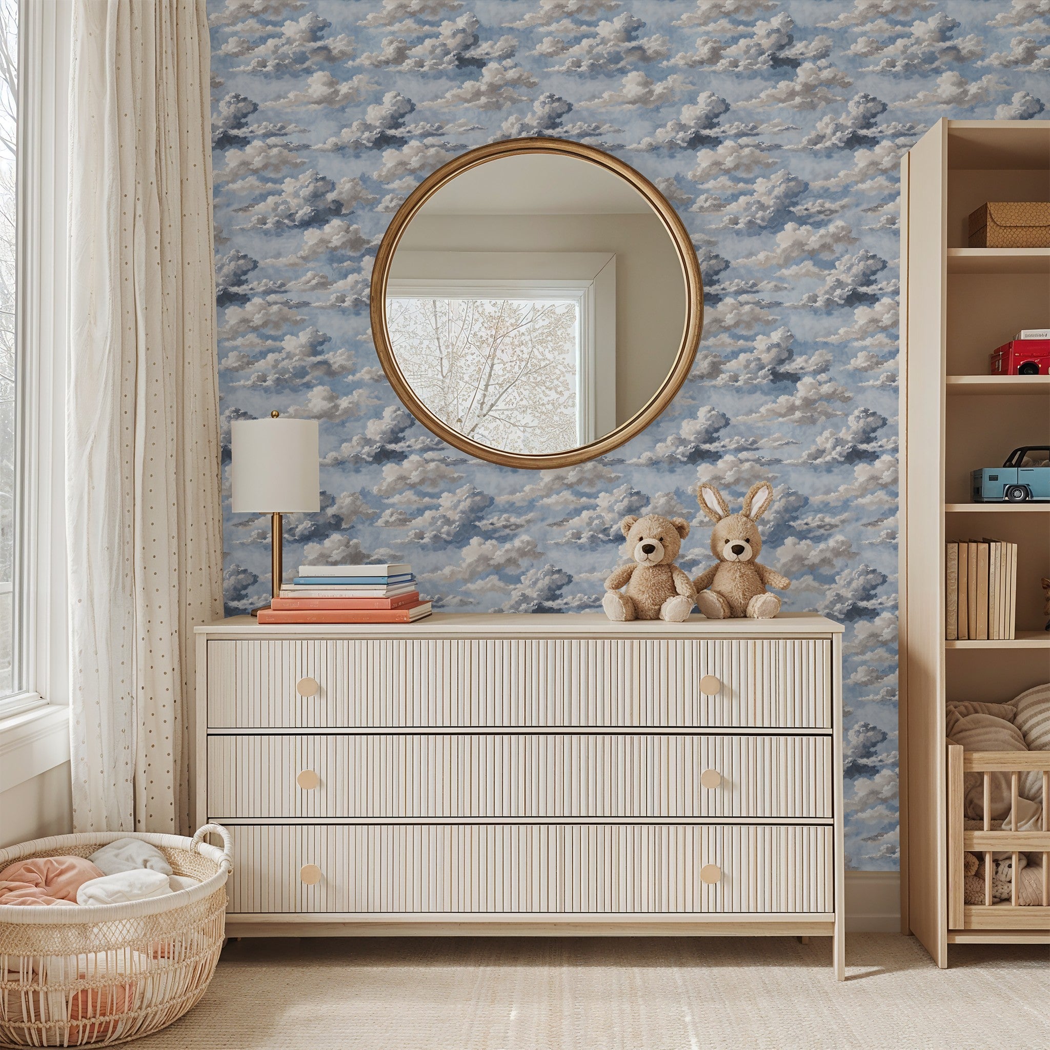 Skyphoria cloud wallpaper in nursery with dresser and toys.