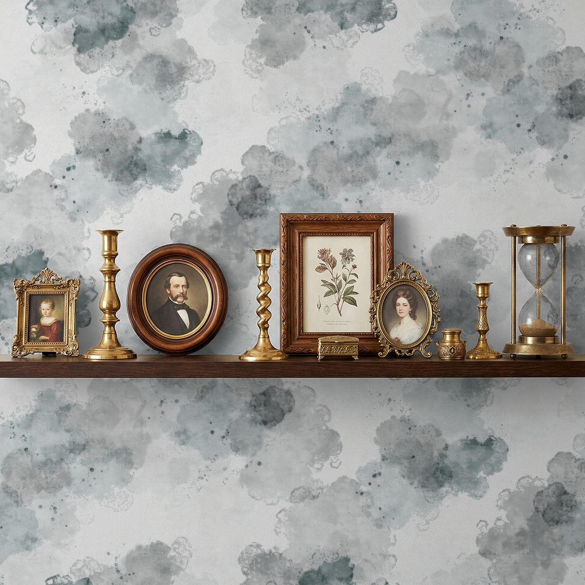 Slate gray cloud wallpaper with antique decor on shelf