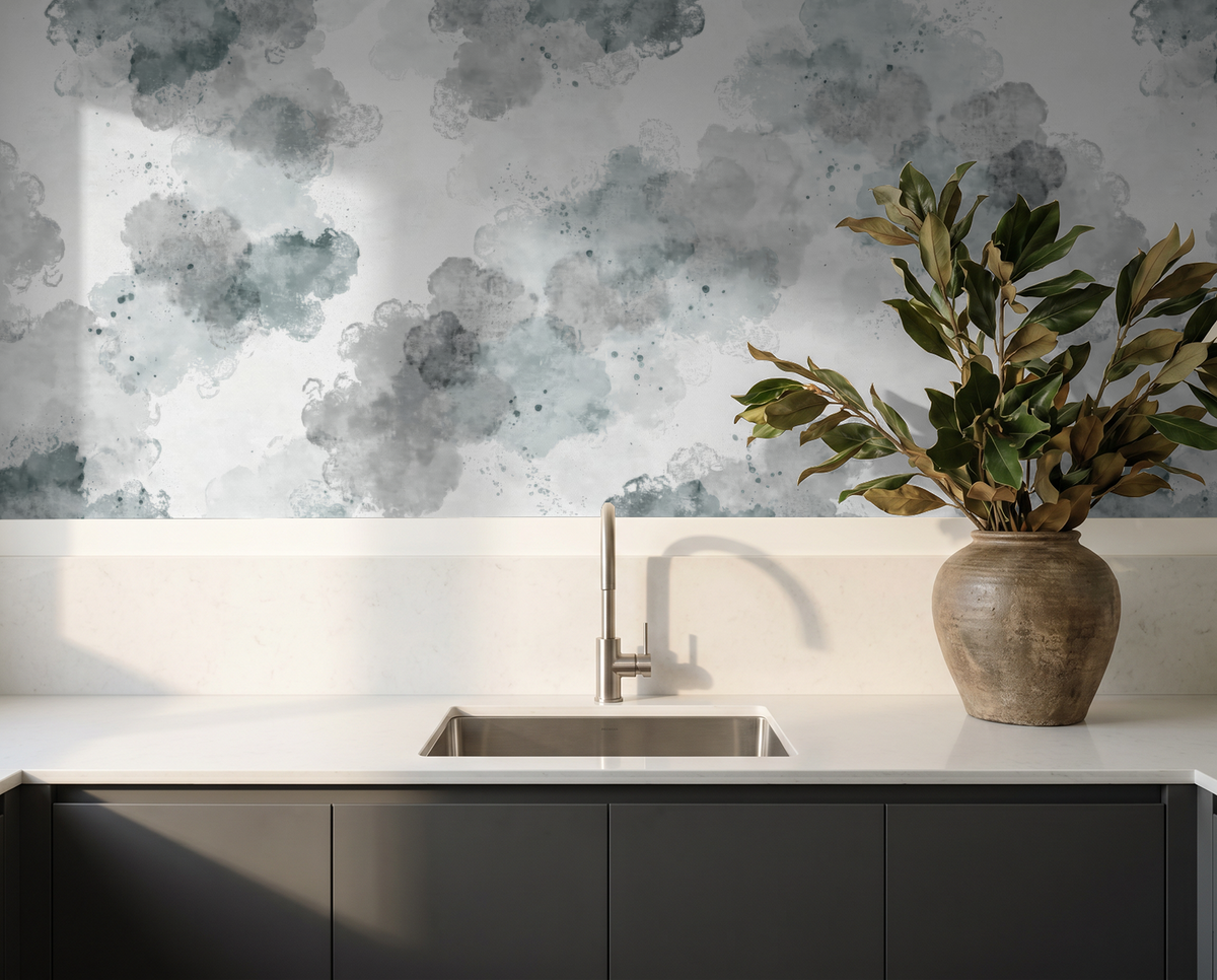 Slate gray cloud pattern wallpaper in modern kitchen with vase and sink