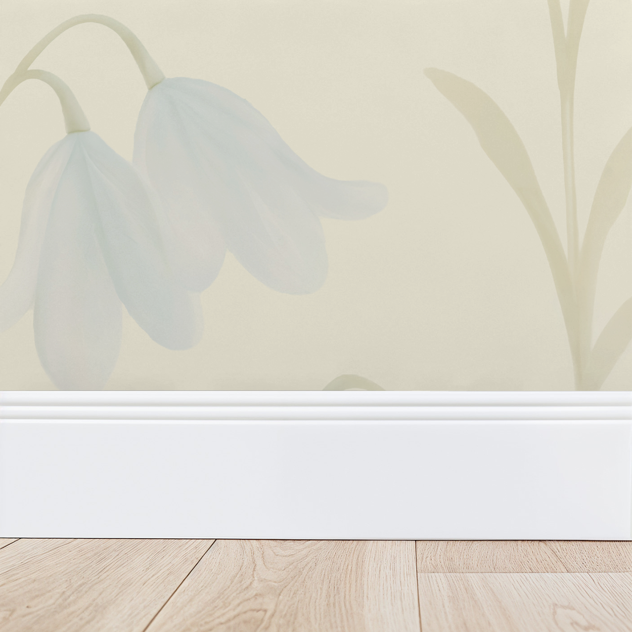 Soft blue floral wallpaper with cream backdrop in sunlit room.