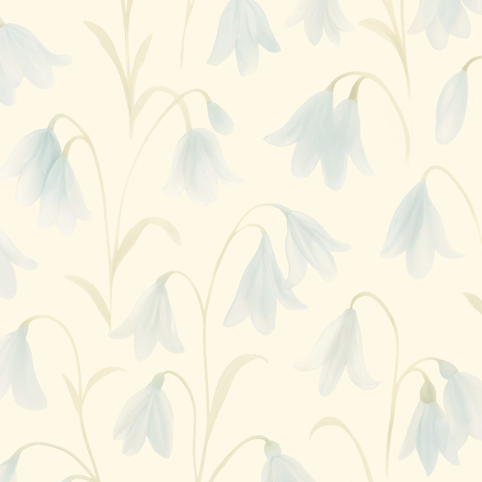 Soft blue floral wallpaper with cream background and delicate petals.