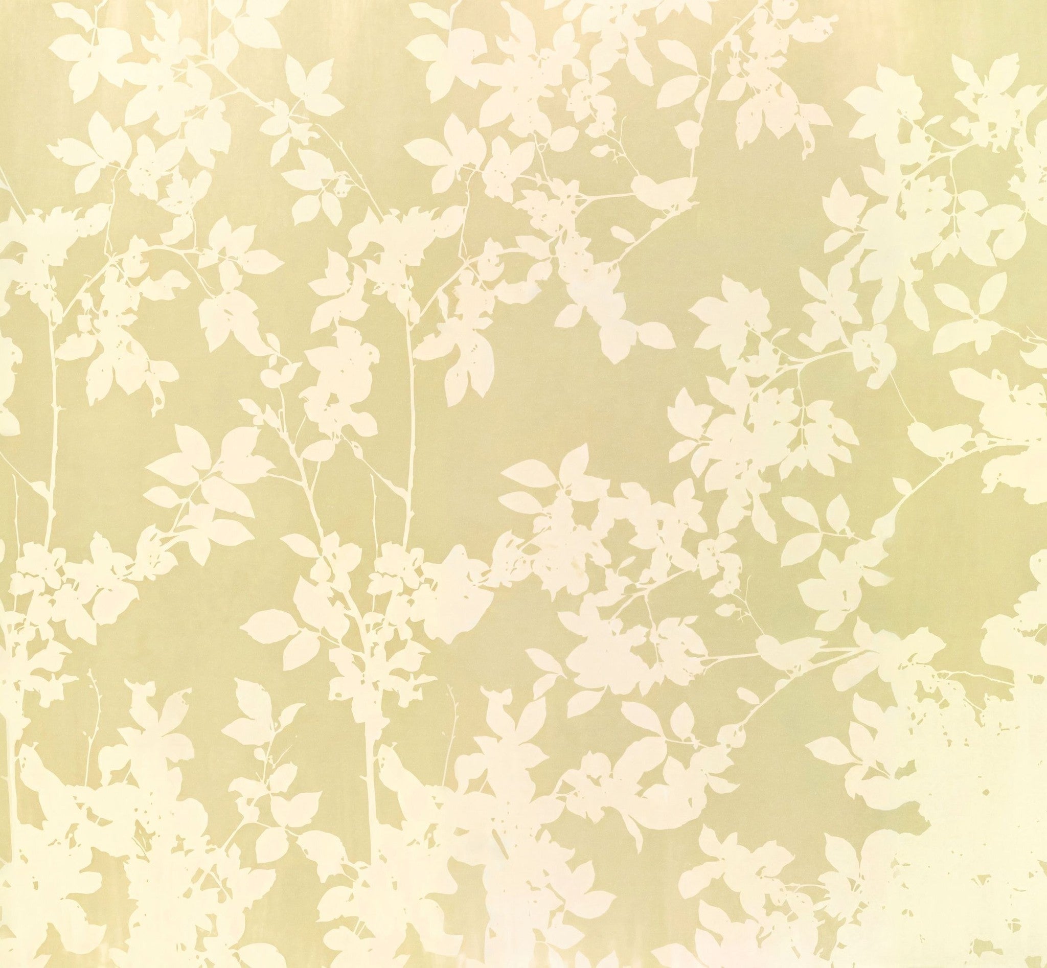 Soft gold and ivory botanical wallpaper with leaf and branch silhouettes.