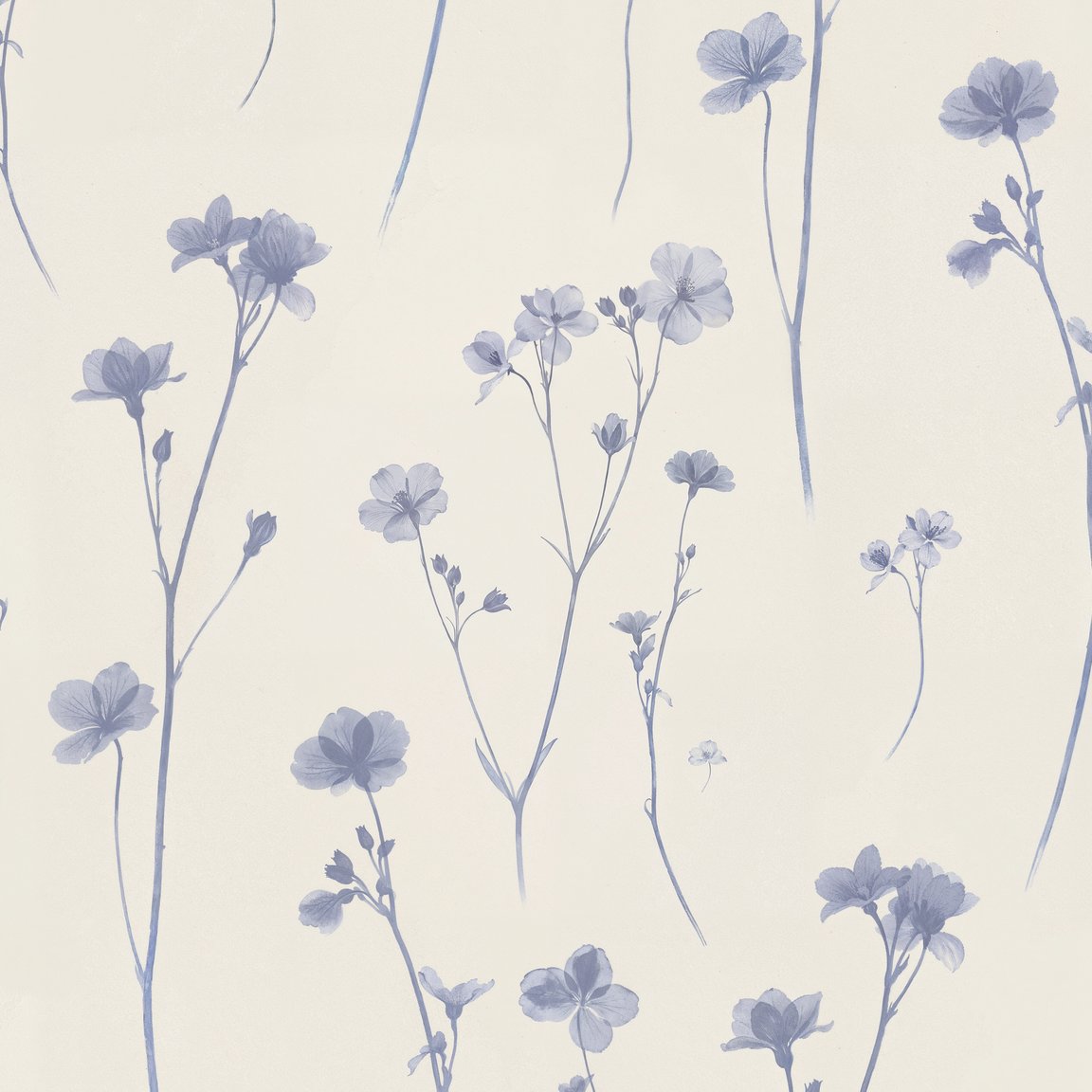 Soft lavender floral wallpaper with delicate botanical motifs on a light background.