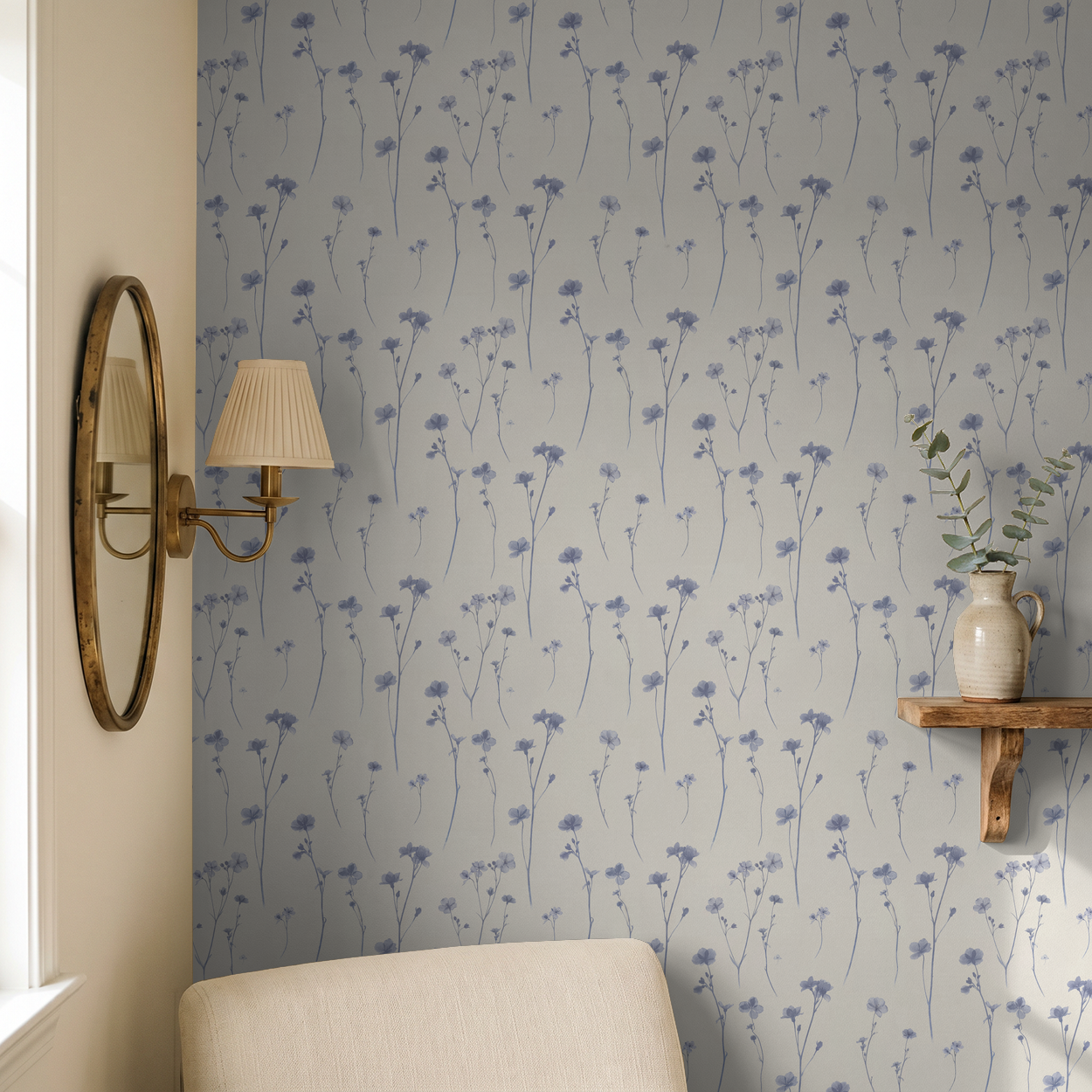 Soft lavender floral wallpaper with delicate motifs in serene room setting.