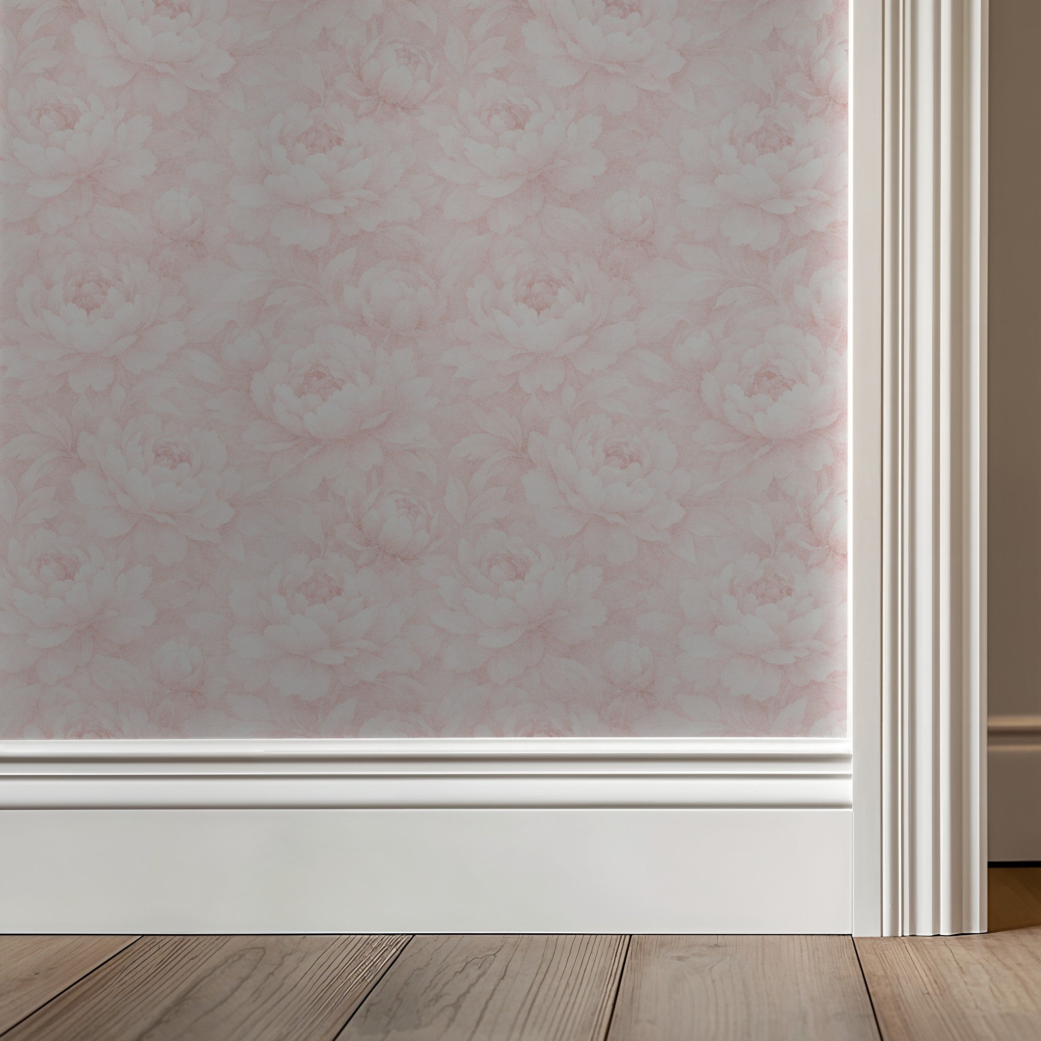 Soft pink floral wallpaper with peony pattern in elegant room setting.