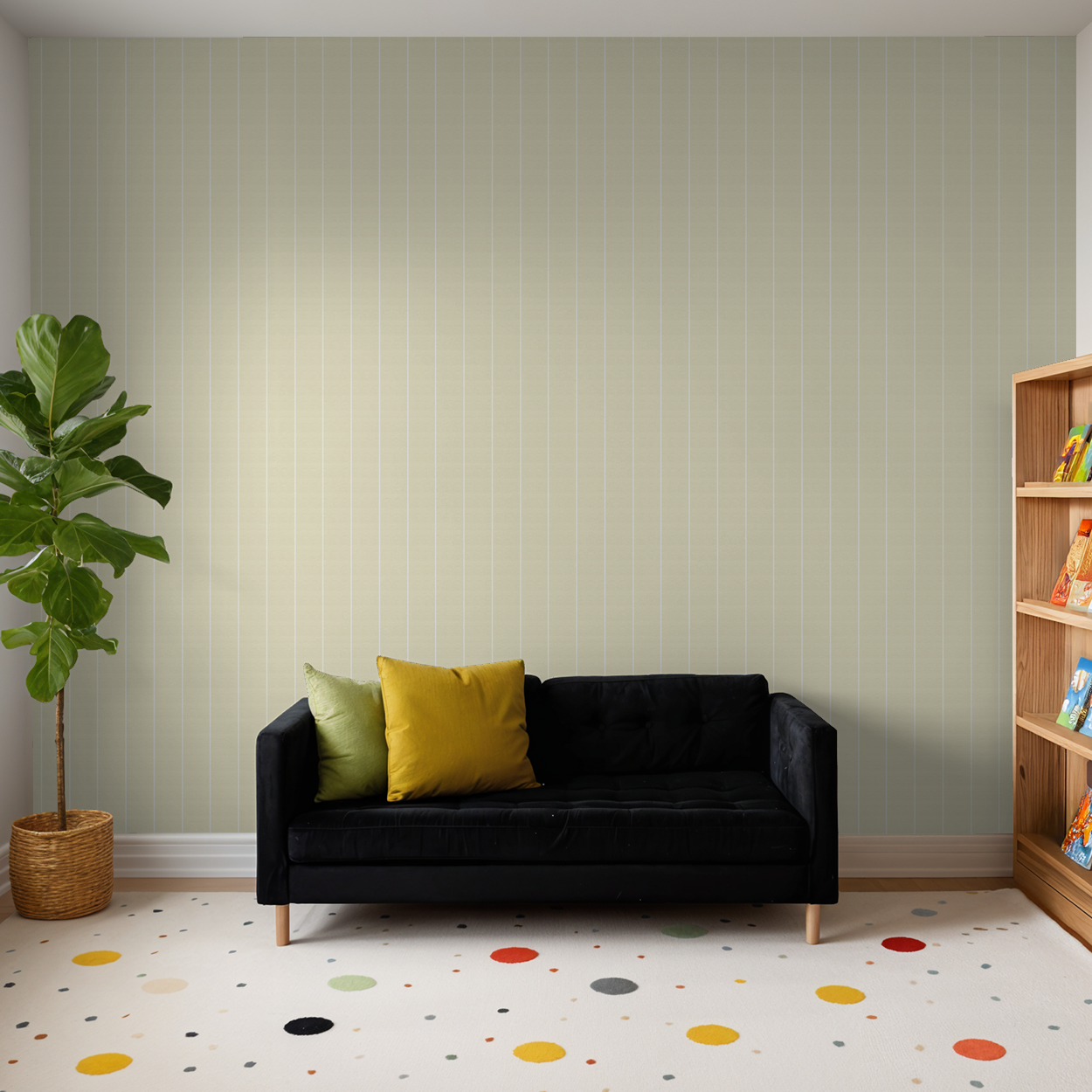 Soft yellow pinstripe dot wallpaper in modern living room with black sofa and plant.