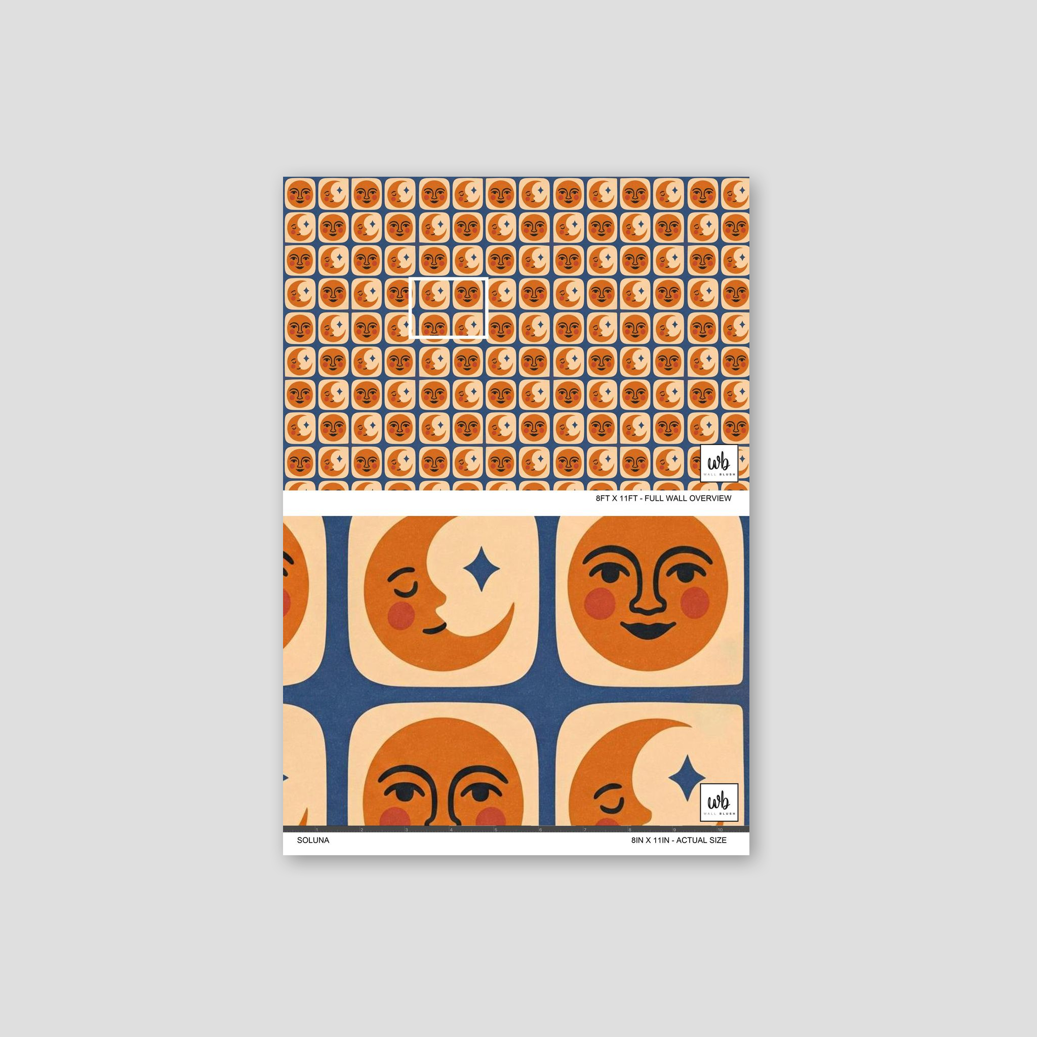 Whimsical Soluna wallpaper with terracotta faces and cream moons on indigo background.