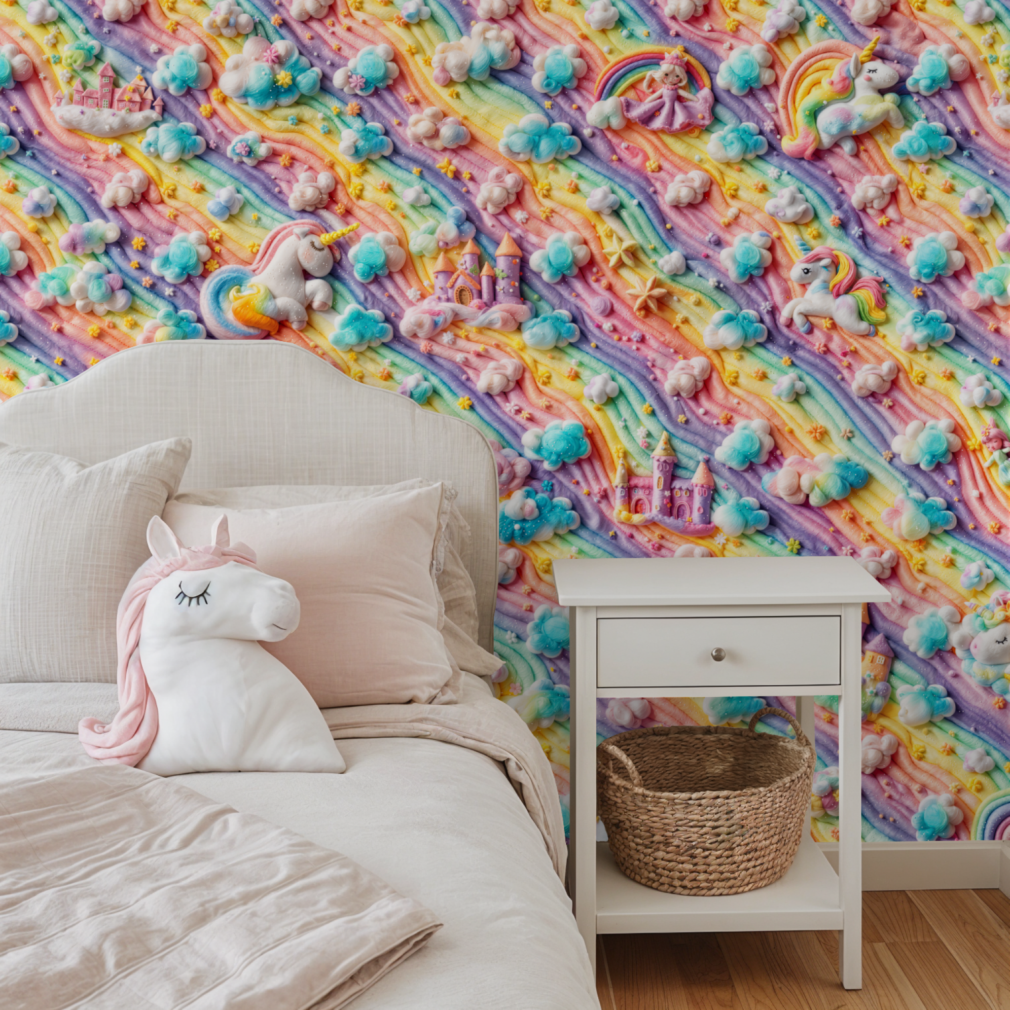 "Colorful Starlite Wallpaper by Wall Blush in a child's bedroom with whimsical unicorn and rainbow design."