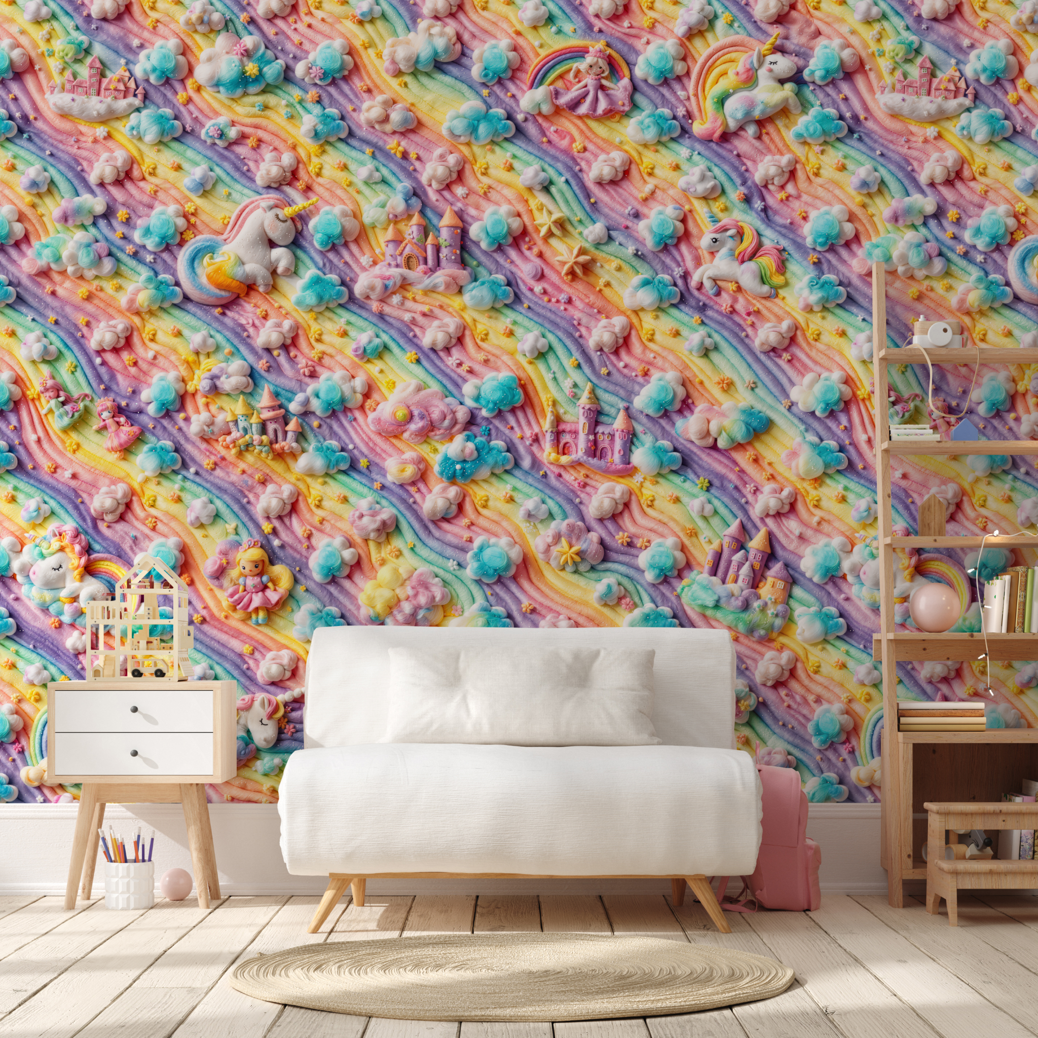 "Colorful Starlite Wallpaper by Wall Blush in a children's room with vibrant candy unicorn theme, white sofa in focus."