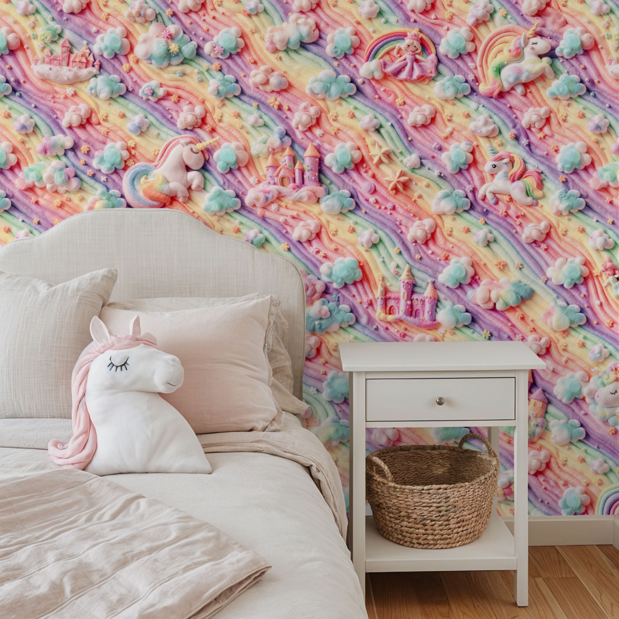 "Colorful Wall Blush Starlite (Pastel) Wallpaper in a child's bedroom with whimsical unicorn accents."