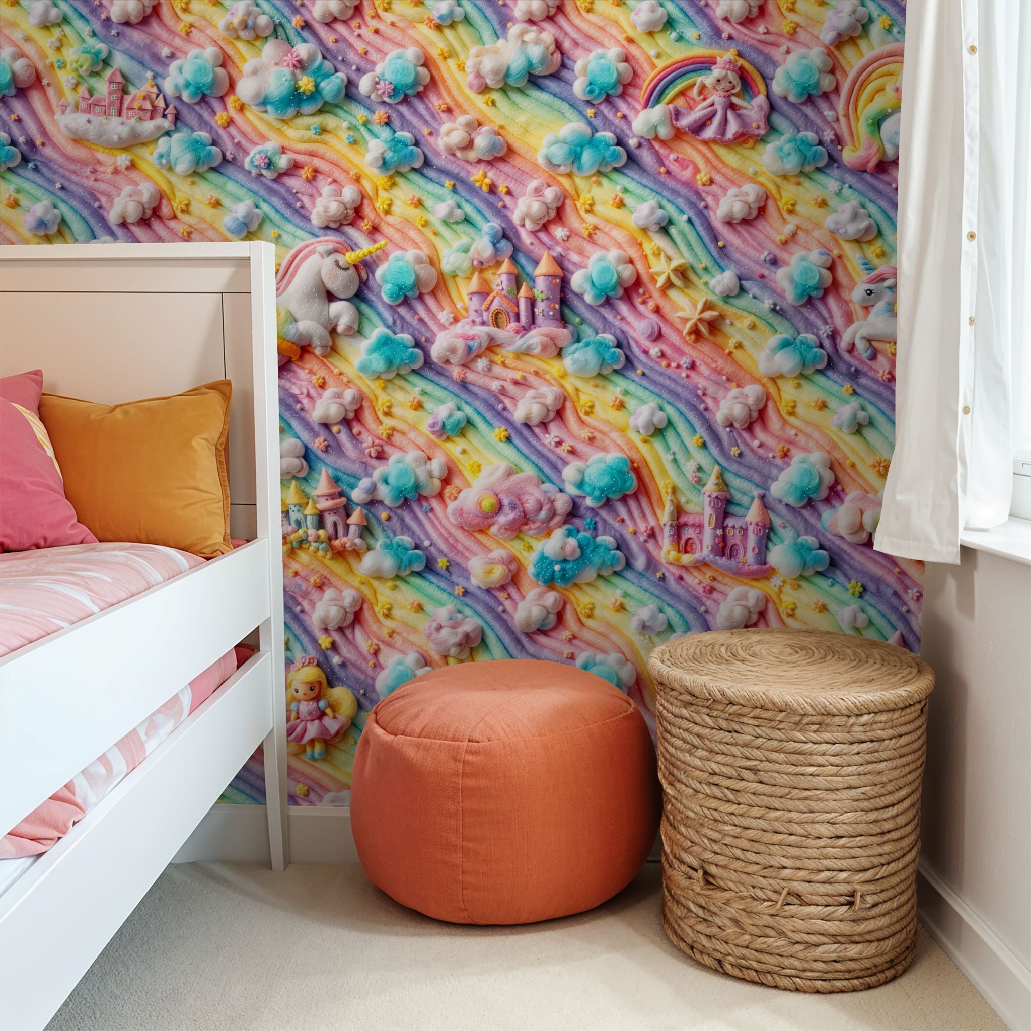 "Colorful Starlite Wallpaper by Wall Blush in a child's bedroom, with vibrant whimsical design as a focus."